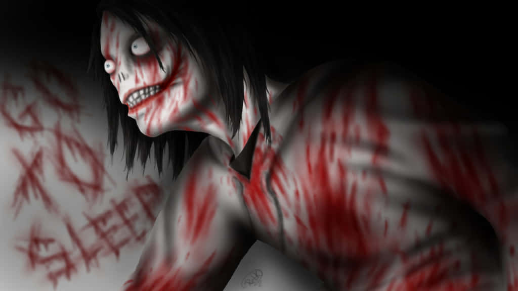 Jeff The Killer 桌布 壁紙 — 一個令人毛骨悚然的動漫風格恐怖人物，臉上和軀幹沾滿鮮血，靠在一面帶有紅色塗鴉的黑暗牆壁上向前傾。