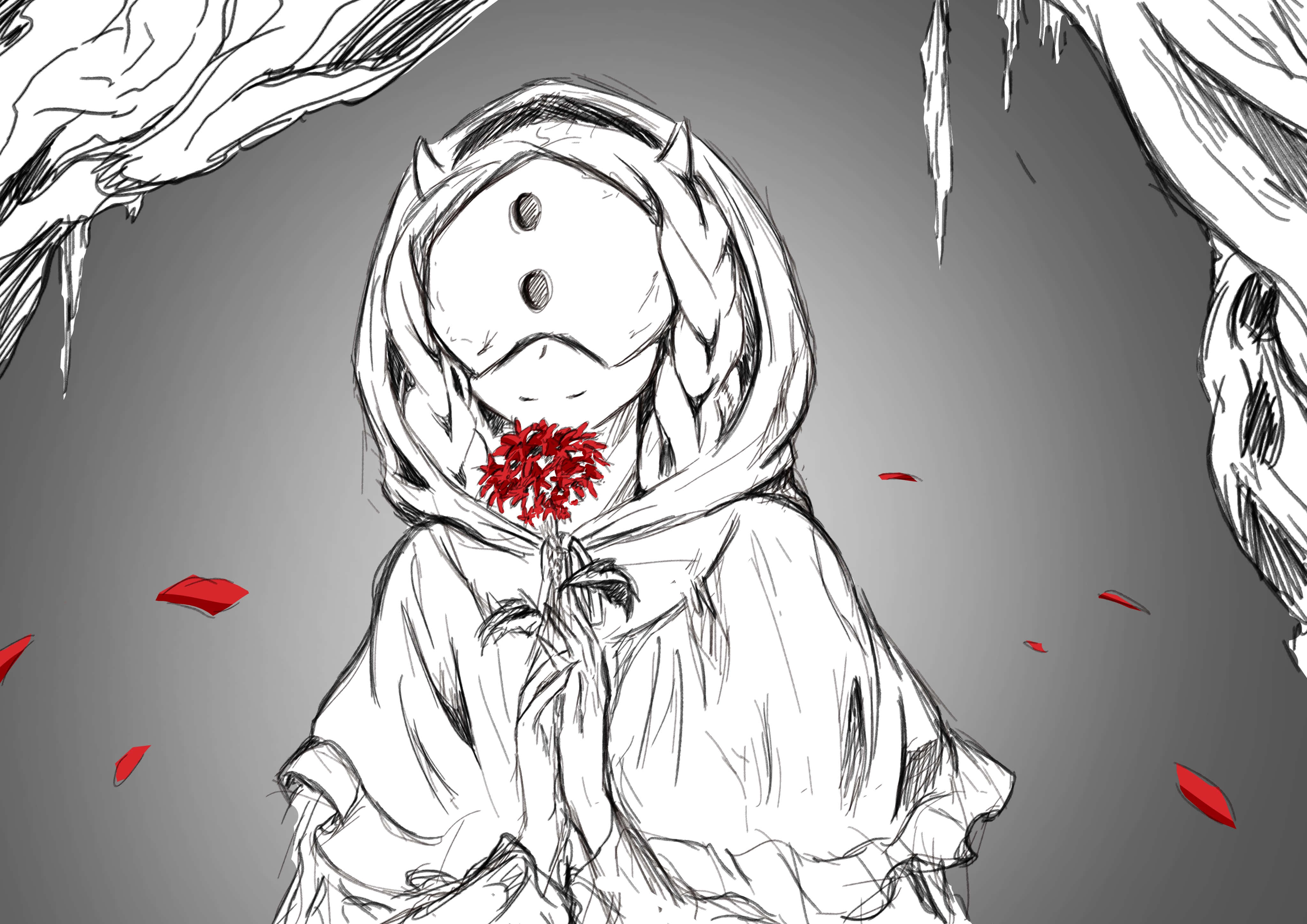 The Promised Neverland Mujika 桌布 壁紙 — 一個令人毛骨悚然的動漫風格素描，描繪一個戴著兜帽、面容空白的角色，在飄落的花瓣和冰冷的樹枝中手持一朵紅花。