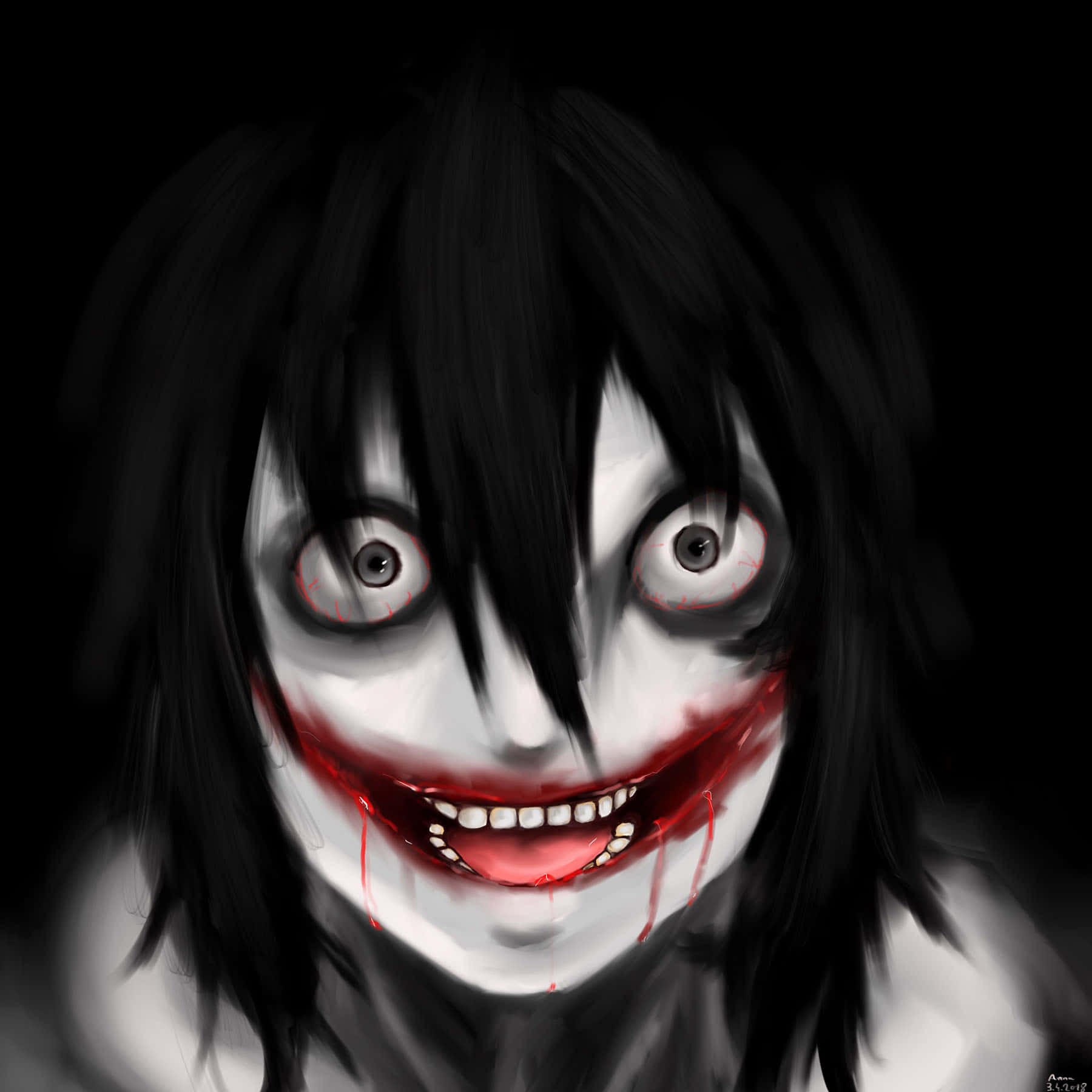 Jeff The Killer 桌布 壁紙 — 一個令人毛骨悚然的動漫風格肖像，描繪一個蒼白的人物，有著狂野的黑髮和猙獰的紅色笑容，滴著血，背景是黑色虛空。