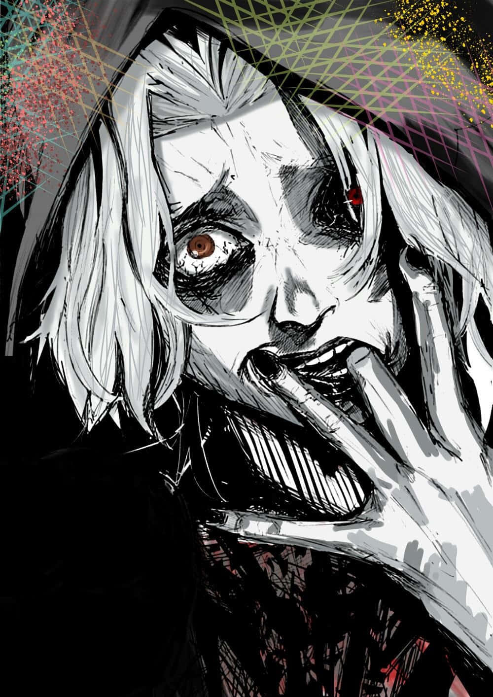 Seidou Takizawa 桌布 壁紙 — 一個令人毛骨悚然的動漫風格肖像，描繪一個蒼白的人物，白髮和一隻紅眼，用手摀住嘴巴尖叫。