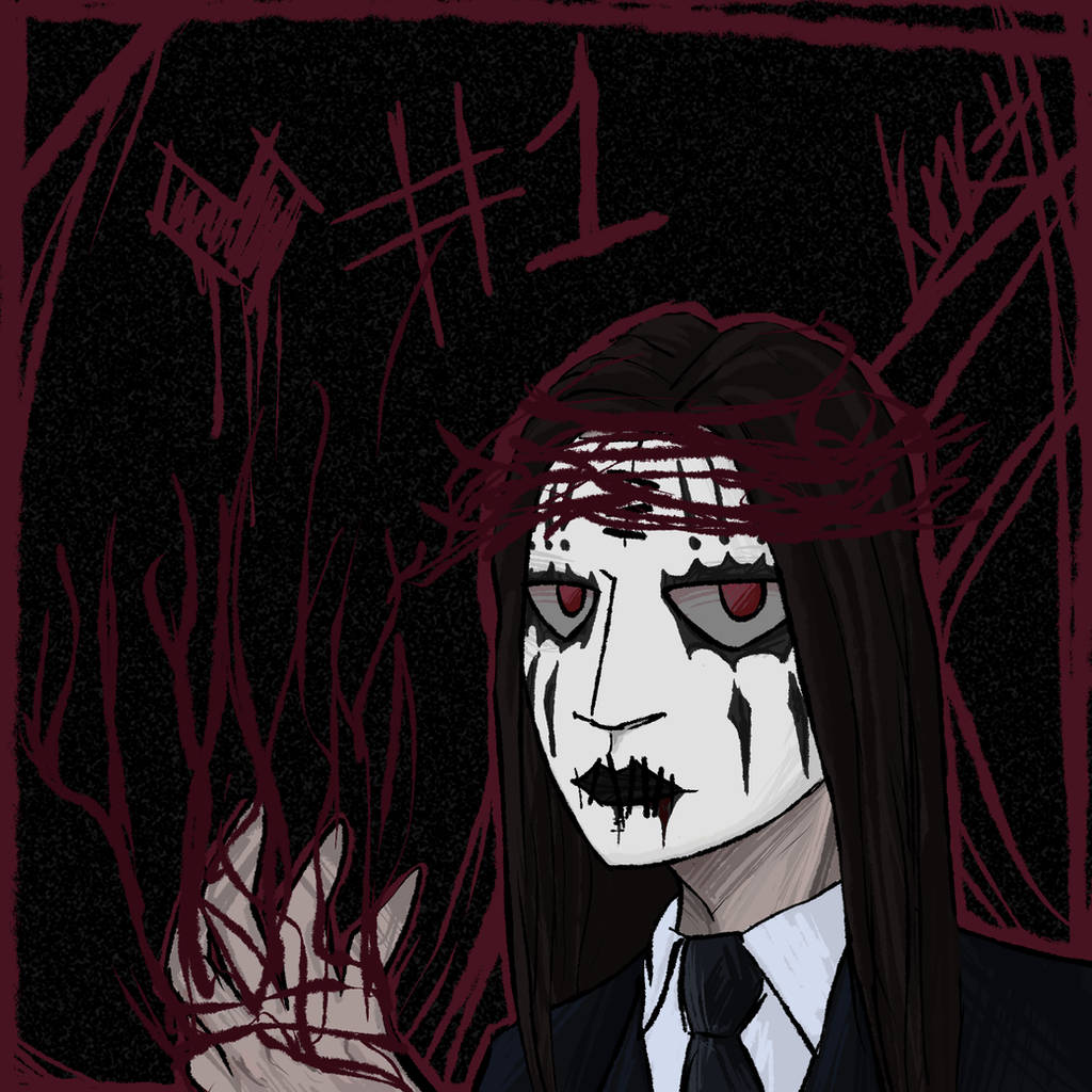Joey Jordison 桌布 壁紙 — 一個令人毛骨悚然的動漫風格角色，白色塗臉和紅色眼睛，從黑色背景上的深紅色塗鴉樹枝中浮現。