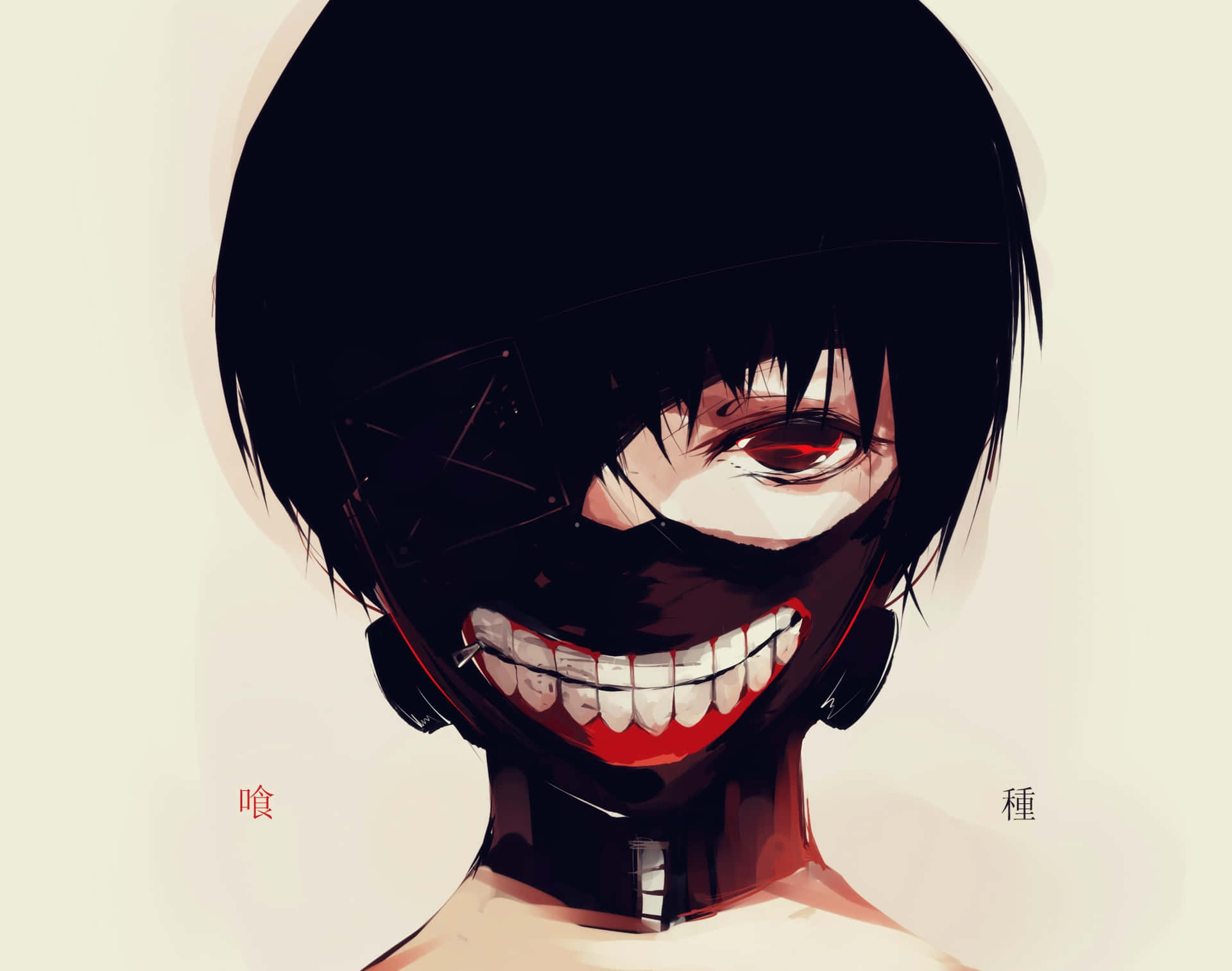 Urban Fantasy 桌布 壁紙 — 一個令人毛骨悚然的動畫肖像，描繪一個戴著面具的角色，咧嘴大笑，紅眼睛，黑頭髮，背景蒼白。