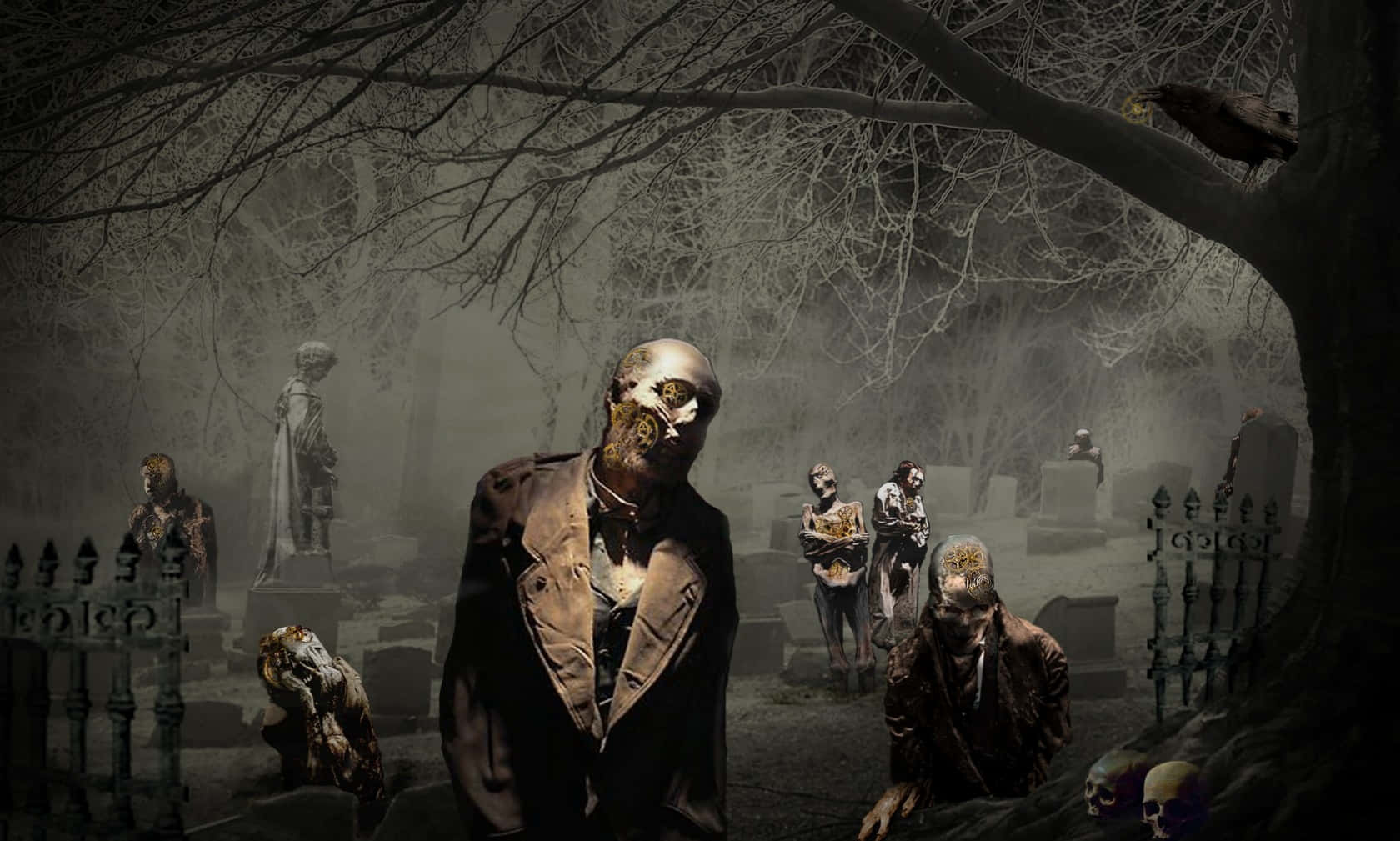 zombies 桌布 壁紙 — 一個令人毛骨悚然的墓地場景，腐爛的殭屍在霧濛濛的黃昏中，在光禿禿的樹木下的墓碑間蹣跚而行。