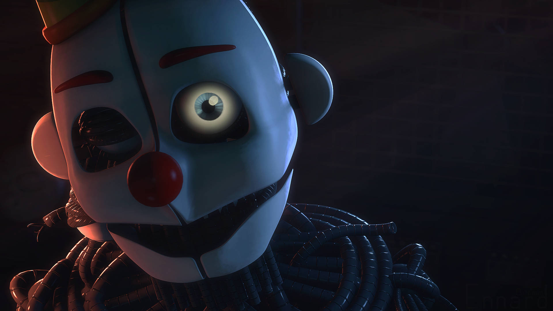 Ennard 桌布 壁紙 — 一個令人毛骨悚然的小丑特寫，有一隻發光的眼睛和暴露的電線，處於黑暗環境中。