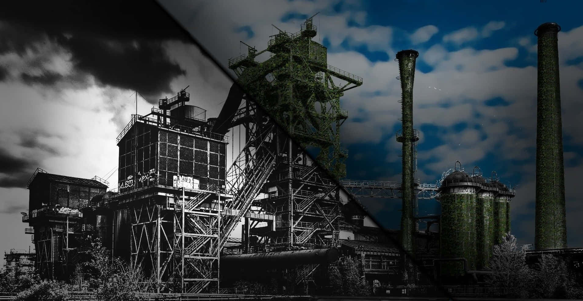 Industry 桌布 壁紙 — 一個令人毛骨悚然的工業綜合體，擁有高聳的鋼結構和煙囪，在戲劇性的多雲天空下。