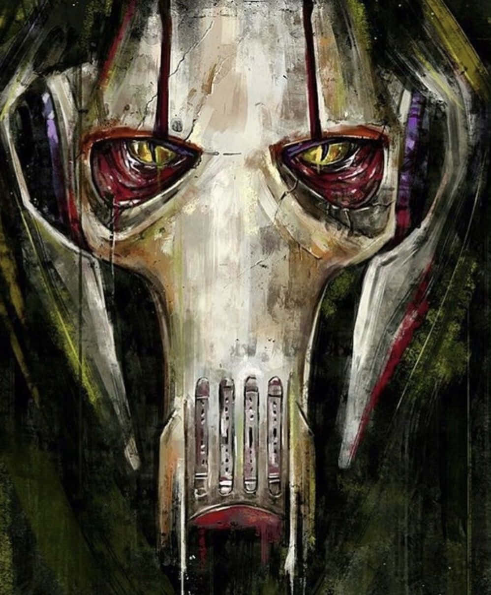 General Grievous 桌布 壁紙 — 一個令人毛骨悚然的彩繪頭骨，帶有發光的黃色眼睛和紅色點綴，背景為深色紋理。