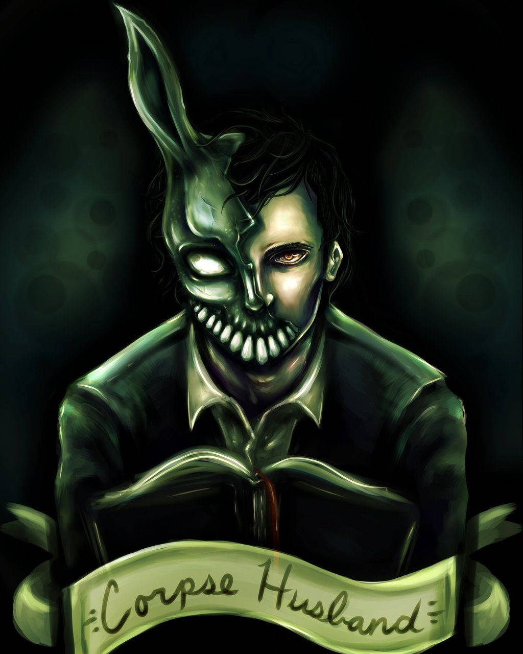 Corpse 桌布 壁紙 — 一個令人毛骨悚然的數位插圖，描繪了一個半人半兔的生物，有著骷髏臉和發光的眼睛，手持一本名為「Corpse Husband」的書。