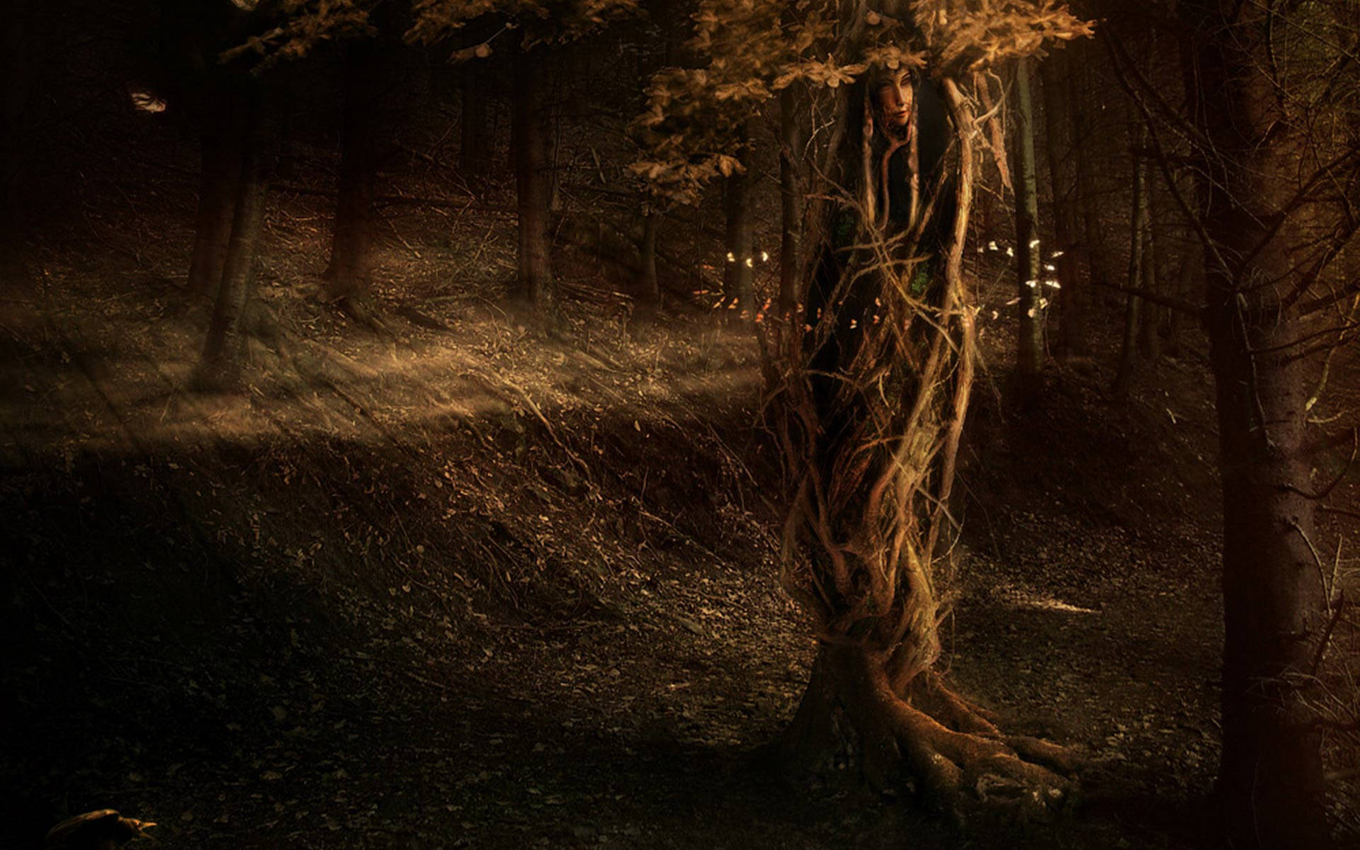Fairy Grunge 桌布 壁紙 — 一個令人毛骨悚然的森林場景，在金色暮光下，一個人形身影從扭曲的樹根中浮現。