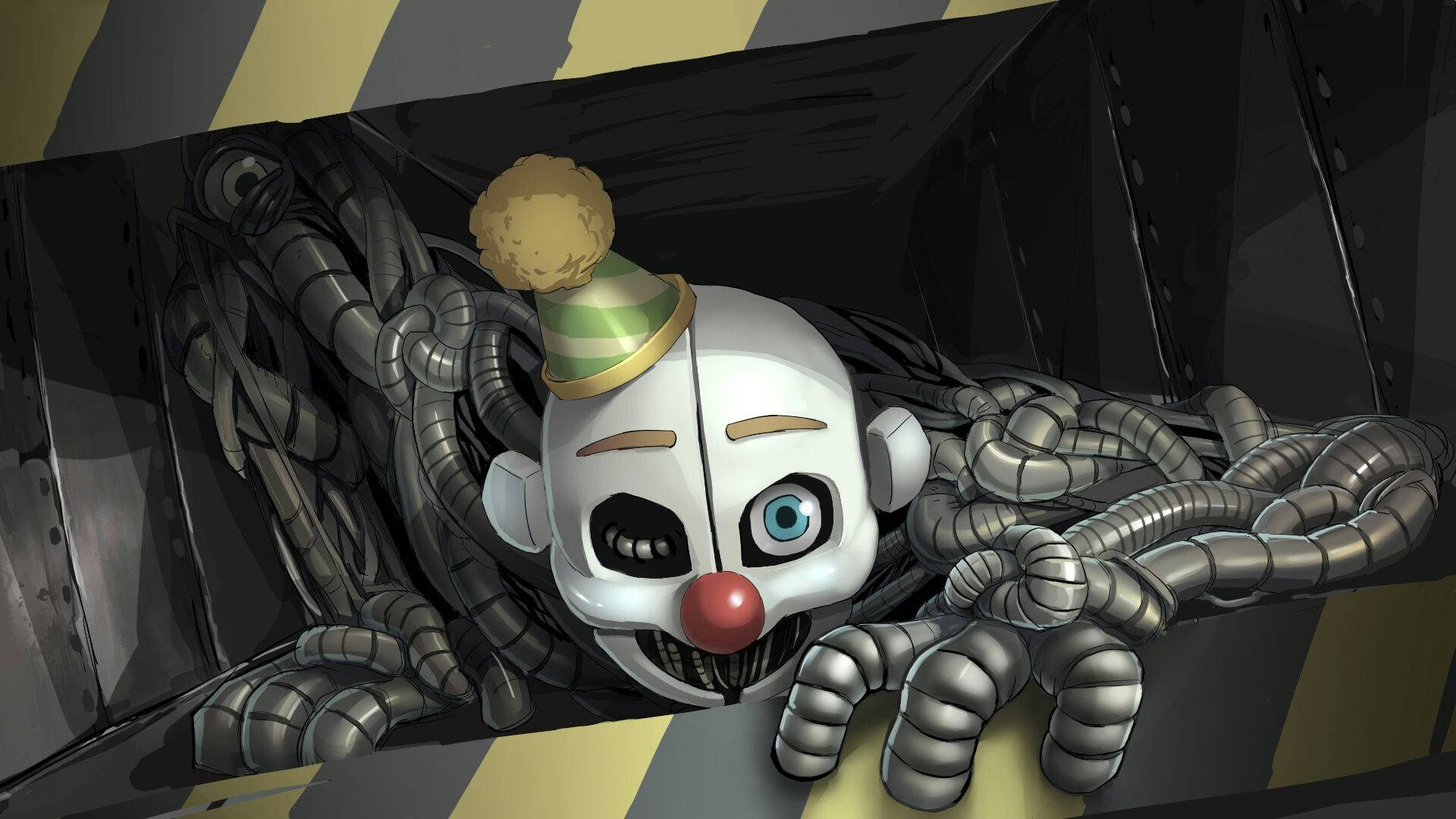 Ennard 桌布 壁紙 — 一個令人毛骨悚然的機械小丑，有一隻藍眼睛和紅鼻子，從一個被管道包圍的黑暗工業通風口窺視。