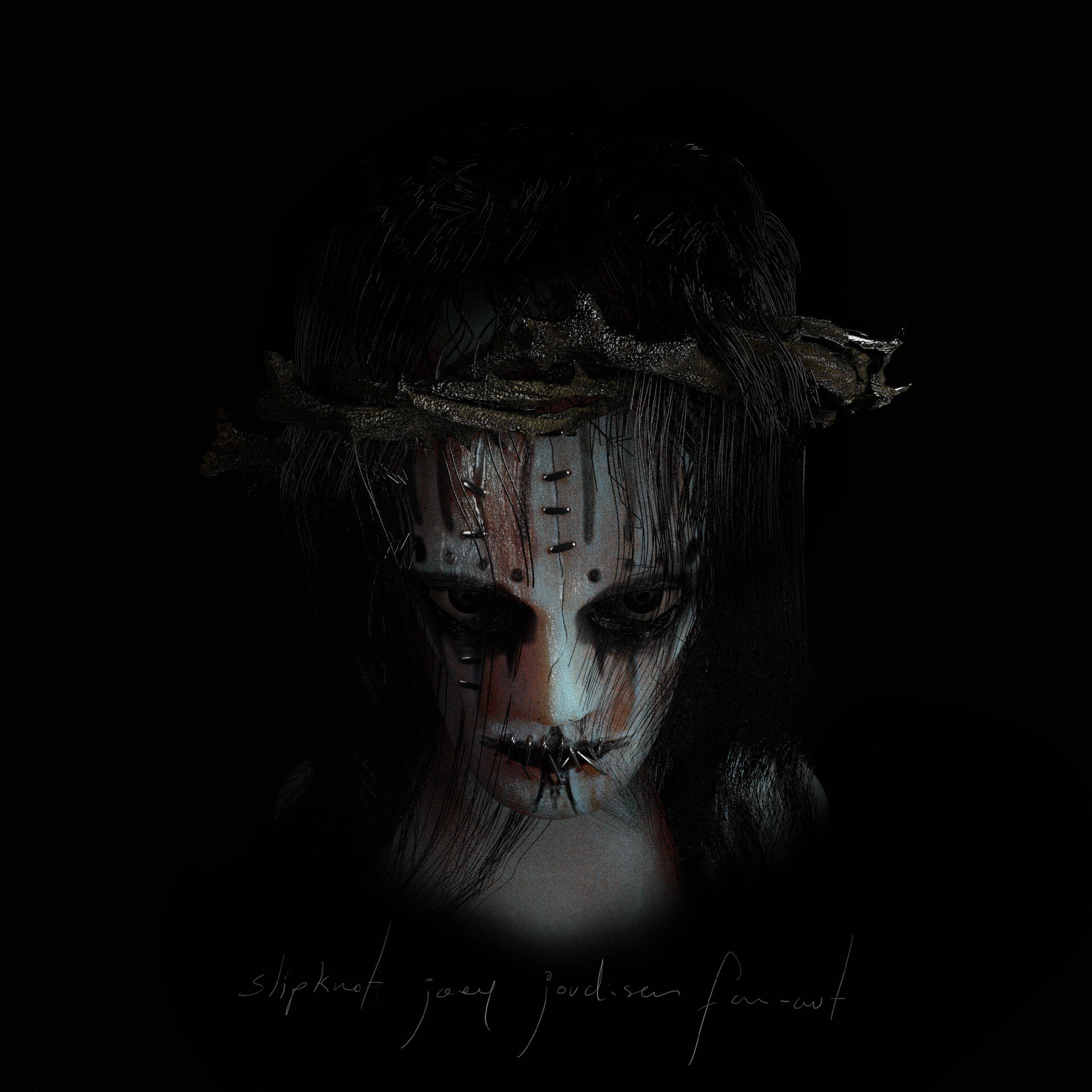 Joey Jordison 桌布 壁紙 — 一個令人毛骨悚然的燈光肖像，人物臉上縫有傷口，頭戴荊棘冠冕，背景為黑色。