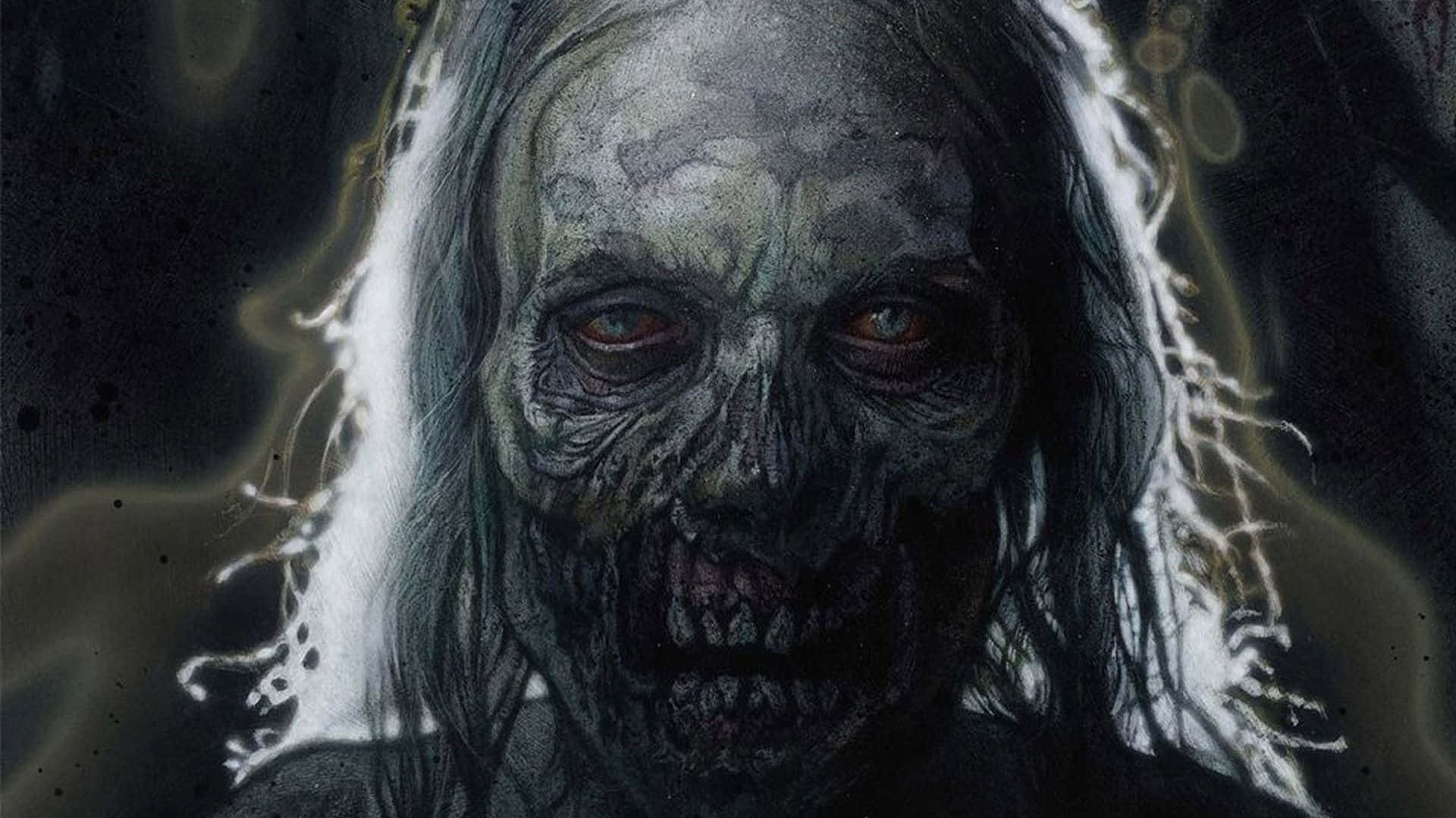 Scary Zombie 桌布 壁紙 — 一個令人毛骨悚然的特寫，一個腐爛的殭屍，有著發光的紅眼睛和糾結的白髮，背景是黑暗煙霧繚繞。
