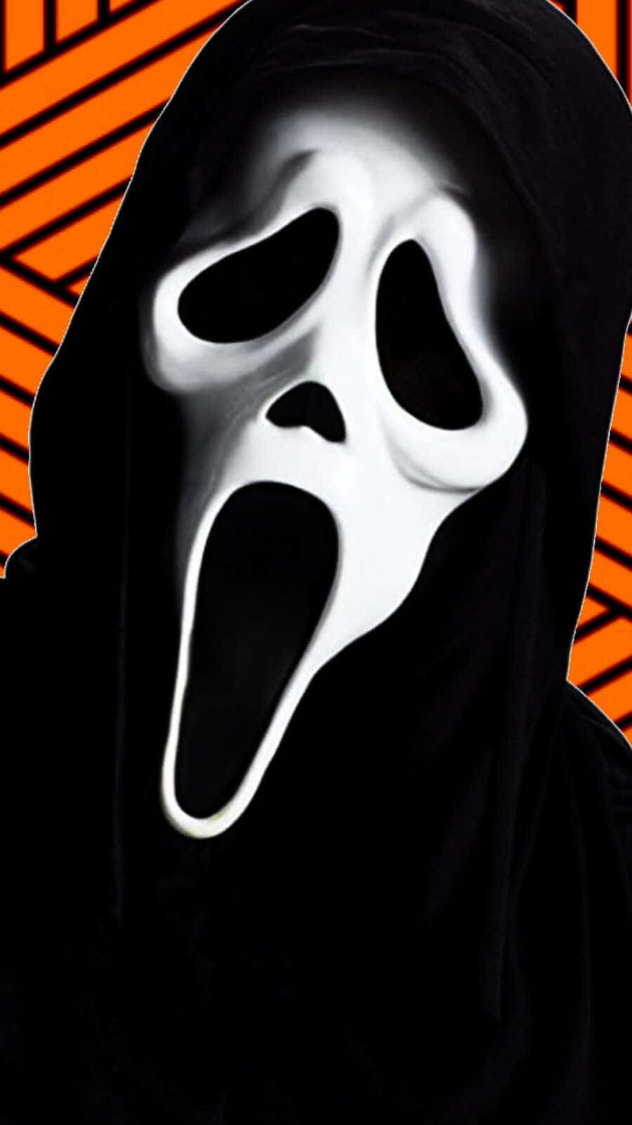 Ghostface Aesthetic 桌布 壁紙 — 一個令人毛骨悚然的特寫，是經典的白色 Ghostface 面具，帶有黑色的眼睛和嘴巴孔洞，襯著大膽的橙色條紋背景。