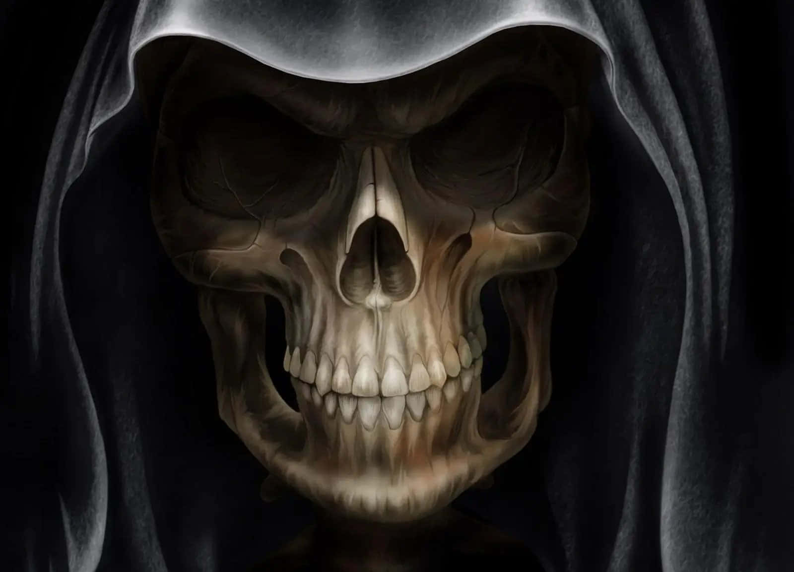 Cool Skull 桌布 壁紙 — 一個令人毛骨悚然的特寫，骷髏臉戴著金屬頭罩，背景是黑暗虛空，散發著不祥的恐懼。