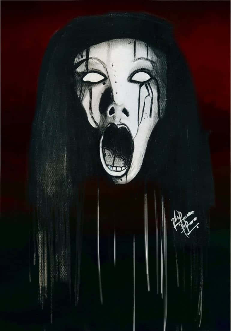 Creepy Halloween 桌布 壁紙 — 一個令人毛骨悚然的白臉鬼魂，黑髮和眼淚，在深紅色背景上尖叫。