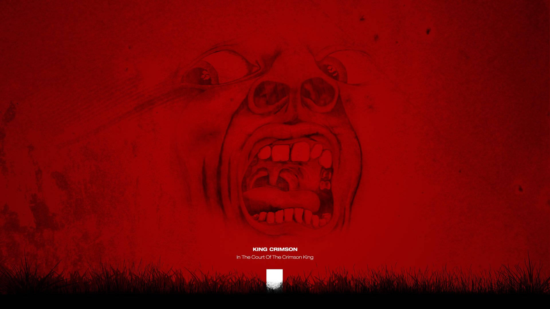 King Crimson 桌布 壁紙 — 一個令人毛骨悚然的紅色調插圖，描繪了一個張大雙眼、露出牙齒的尖叫面孔，背景帶有紋理。