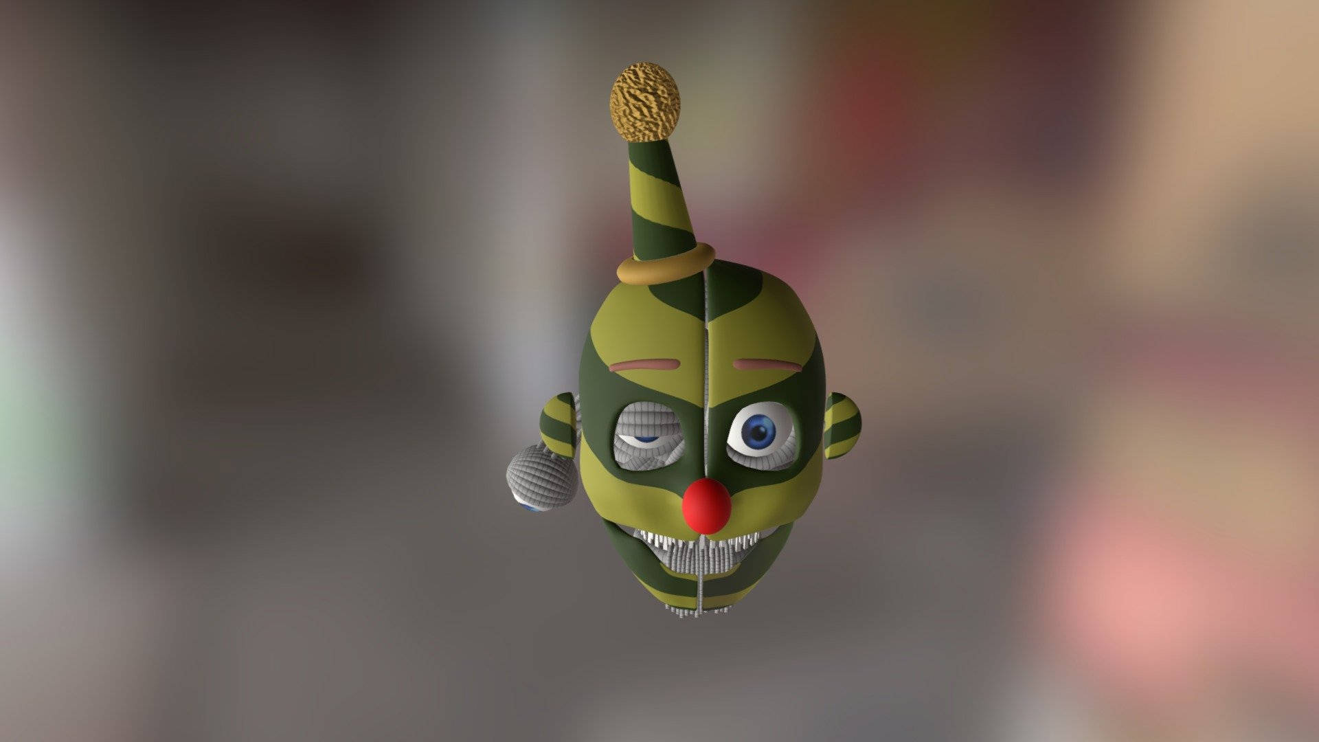 Ennard 桌布 壁紙 — 一個令人毛骨悚然的綠色和黃色小丑面具，帶有紅鼻子和尖牙，漂浮在模糊的背景上。