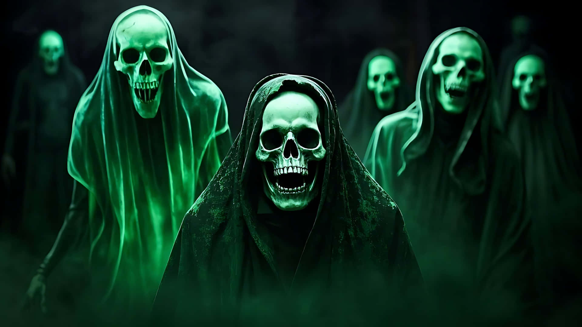 Ghost-Infested Skull with Screaming Shadows. ghost wallpaper 壁紙 — 一個令人毛骨悚然的綠色場景，多個穿著連帽斗篷的骷髏身影從黑暗中出現，眼睛發光，露出牙齒。