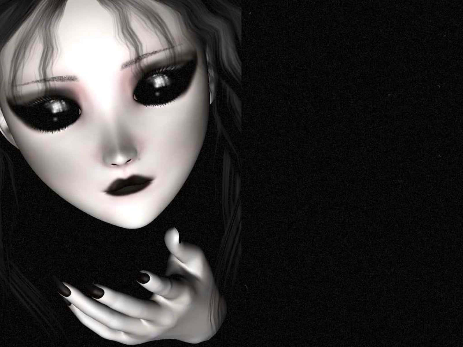 Creepy Aesthetic 桌布 壁紙 — 一個令人毛骨悚然的美麗動漫女孩，擁有超大眼睛和深色指甲，從黑色中浮現，面對一片虛無。