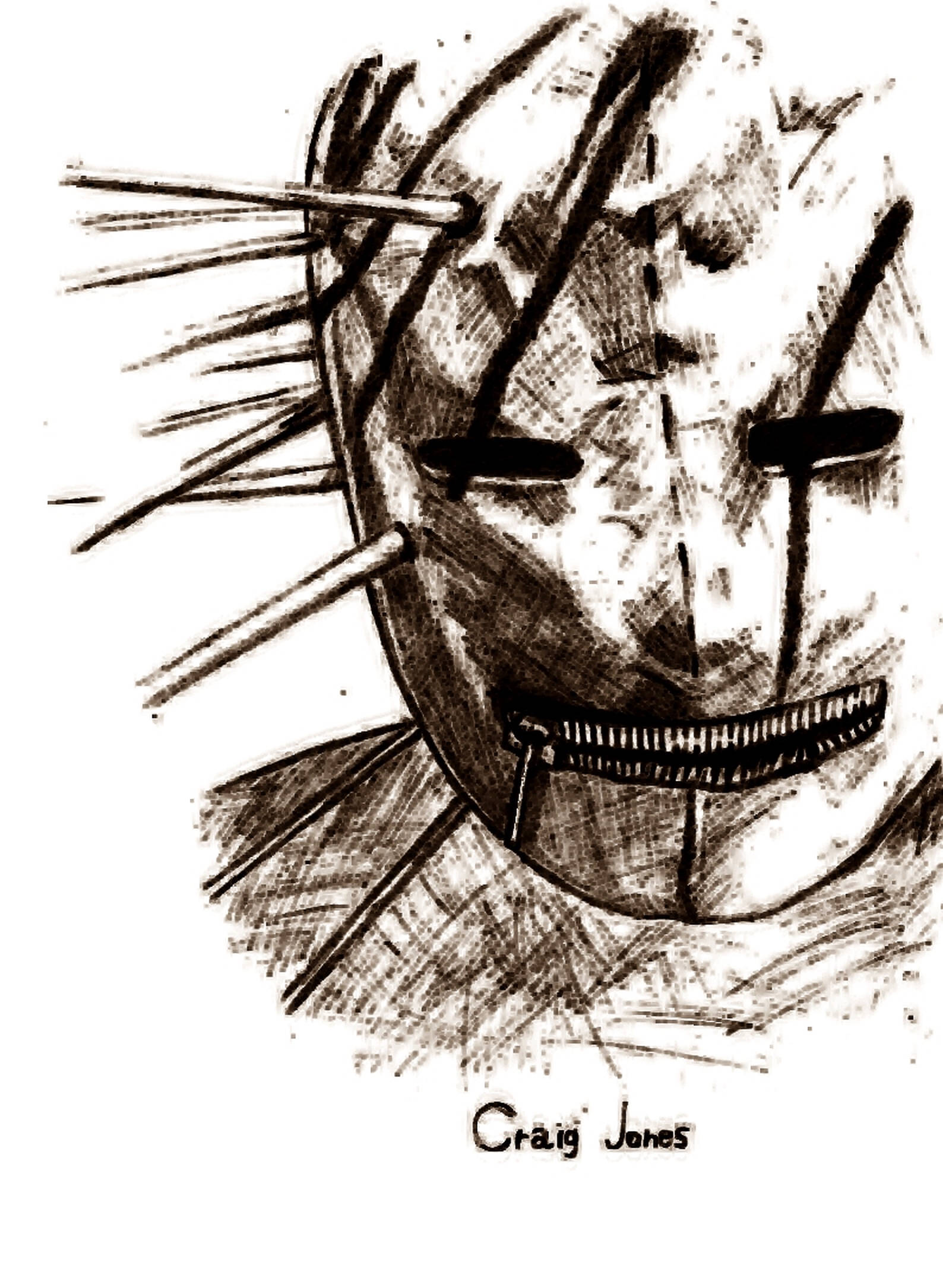 craig jones 桌布 壁紙 — 一個令人毛骨悚然的草圖，描繪了一個被縫合的臉，頭部和嘴巴伸出別針，以粗糙的木炭筆觸呈現。