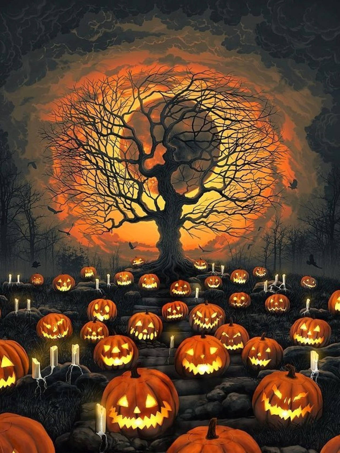 Halloween Aesthetic 桌布 壁紙 — 一個令人毛骨悚然的萬聖節場景，發光的南瓜燈圍繞著一棵光禿禿的樹，背景是橙色的日落天空。