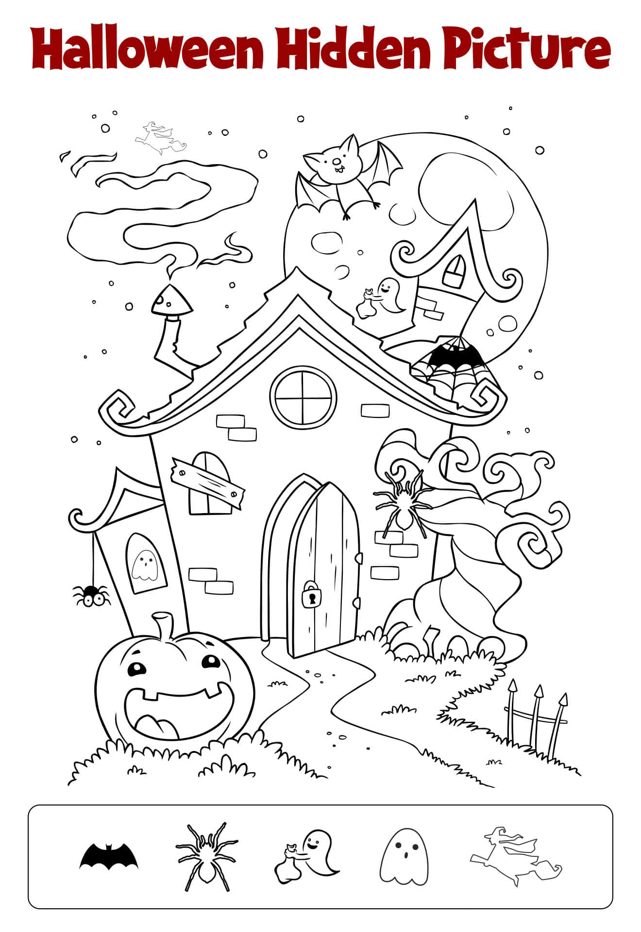 Halloween Puzzles 桌布 壁紙 — 一個令人毛骨悚然的萬聖節鬼屋，有蝙蝠、鬼魂、南瓜和一個在月光照耀的天空中飛翔的女巫。