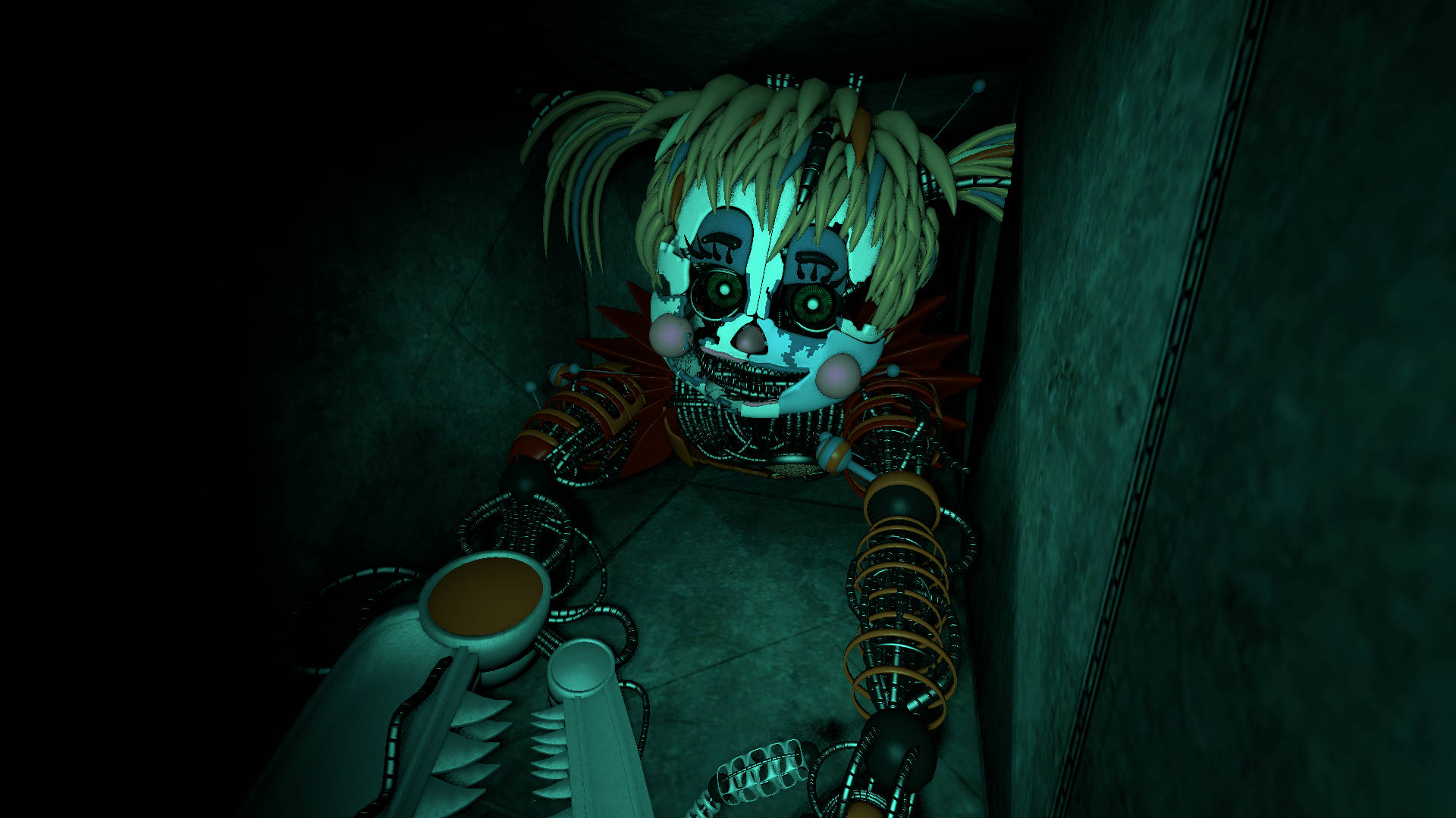 Ennard 桌布 壁紙 — 一個令人毛骨悚然的電子動畫娃娃，有著發光的眼睛和暴露的機械四肢，潛伏在一個深青色照明的爬行空間中。
