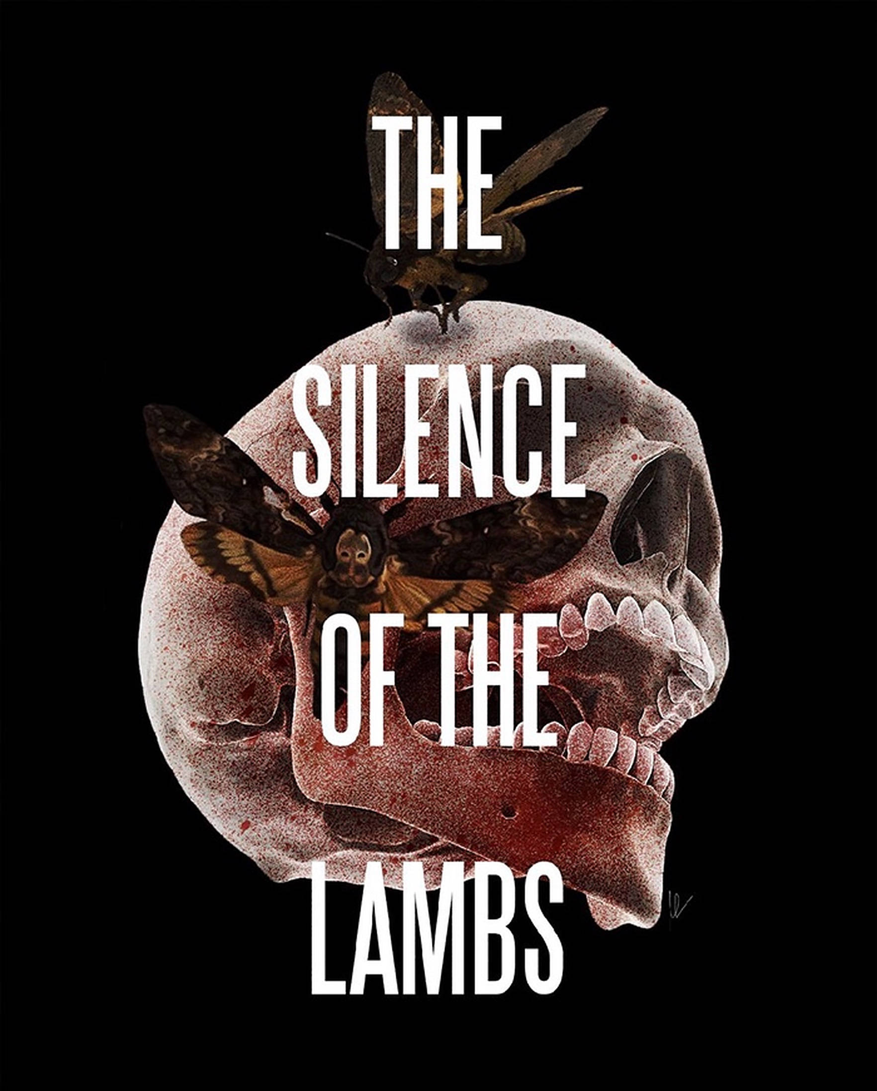 silence 桌布 壁紙 — 一個令人毛骨悚然的頭骨，上面有飛蛾棲息，背景為黑色，粗體白色文字寫著「THE SILENCE OF THE LAMBS」。
