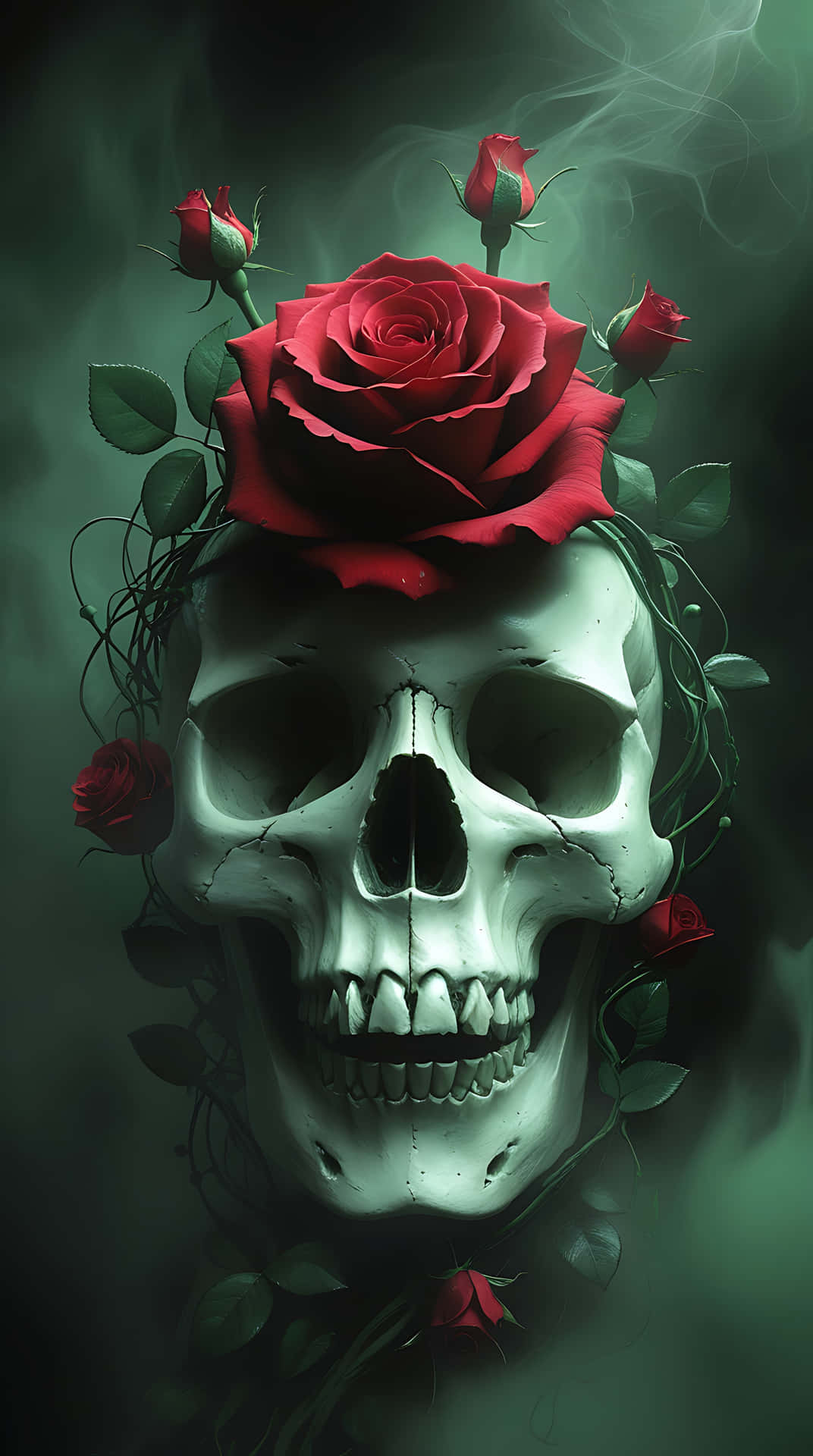 Haunting Skull and Rose in a Gothic Mist. smartphone wallpaper 壁紙 — 一個令人毛骨悚然的頭骨，冠以鮮豔的紅玫瑰和綠色藤蔓，背景是煙霧瀰漫的深綠色。