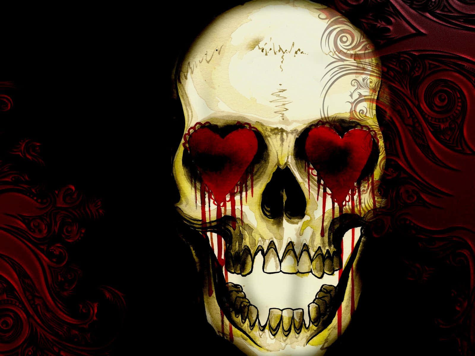skulls 桌布 壁紙 — 一個令人毛骨悚然的頭骨，帶有發光的紅色心形眼睛和滴落的血液，背景是旋轉的深紅色圖案。