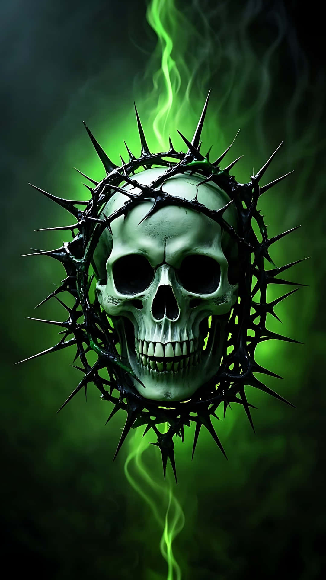 Witch's Skull with Black Thorns and Spells. skull wallpaper 壁紙 — 一個令人毛骨悚然的頭骨，戴著鋒利的黑色荊棘王冠，在深綠色背景下散發出詭異的綠色煙霧。