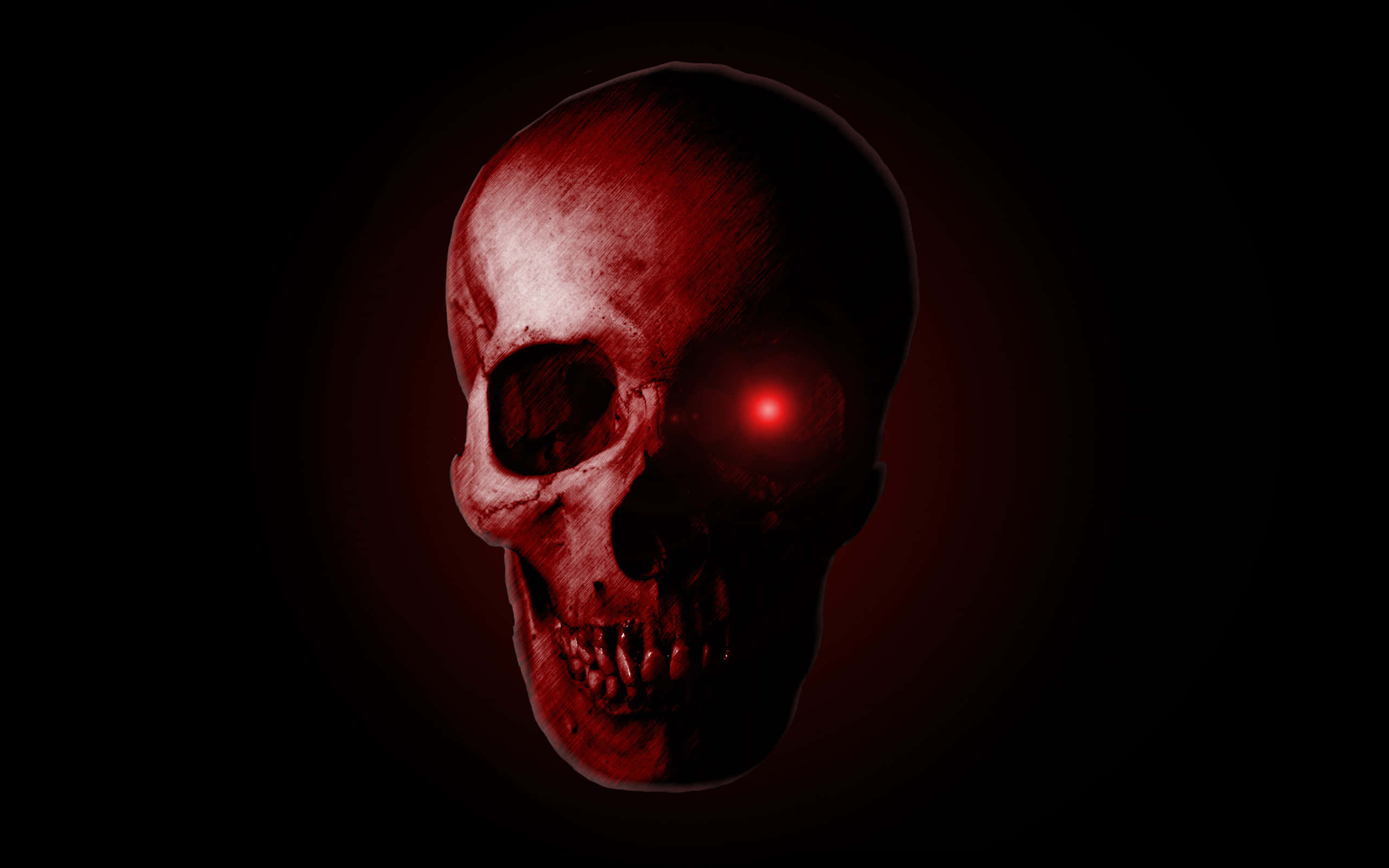 Evil Skull 桌布 壁紙 — 一個令人毛骨悚然的頭骨，有一隻發光的紅色眼睛，在漆黑的背景上跳動。