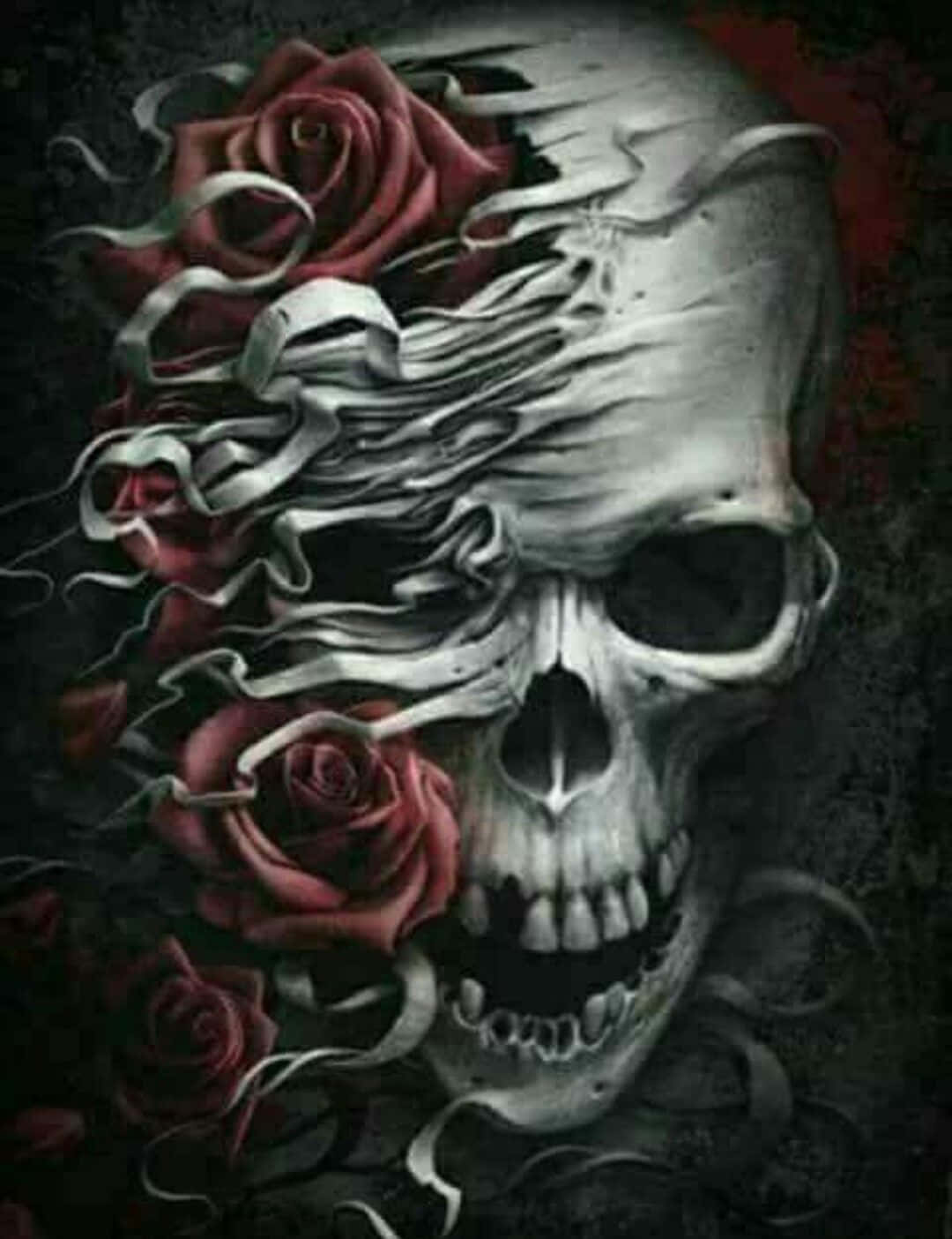 Skulls And Flowers 桌布 壁紙 — 一個令人毛骨悚然的頭骨，深紅玫瑰和旋轉絲帶從其破碎的形態中浮現，背景為深色紋理。