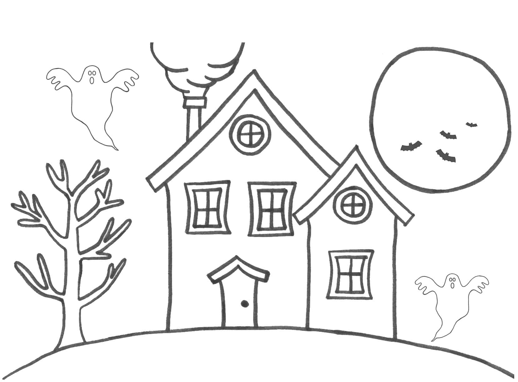House Colouring 桌布 壁紙 — 一個令人毛骨悚然的鬼屋，鬼魂在滿月下圍繞著一棵光禿禿的樹飛舞，還有蝙蝠。