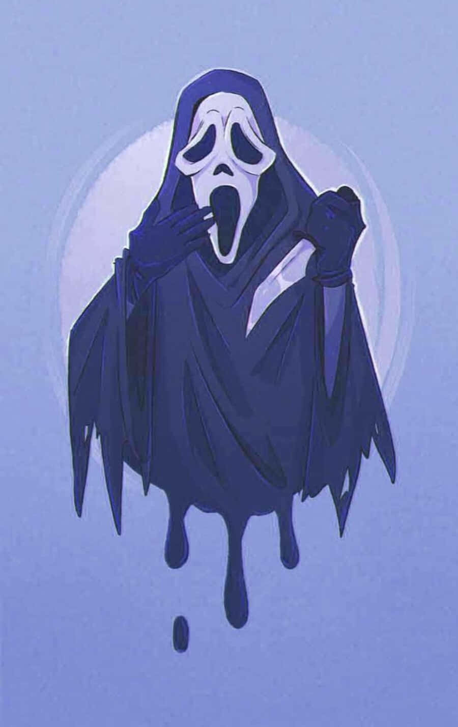 Ghostface Aesthetic 桌布 壁紙 — 一個令人毛骨悚然的鬼影，身穿深色長袍，戴著白色尖叫面具，在淡藍色背景上向下滴落。