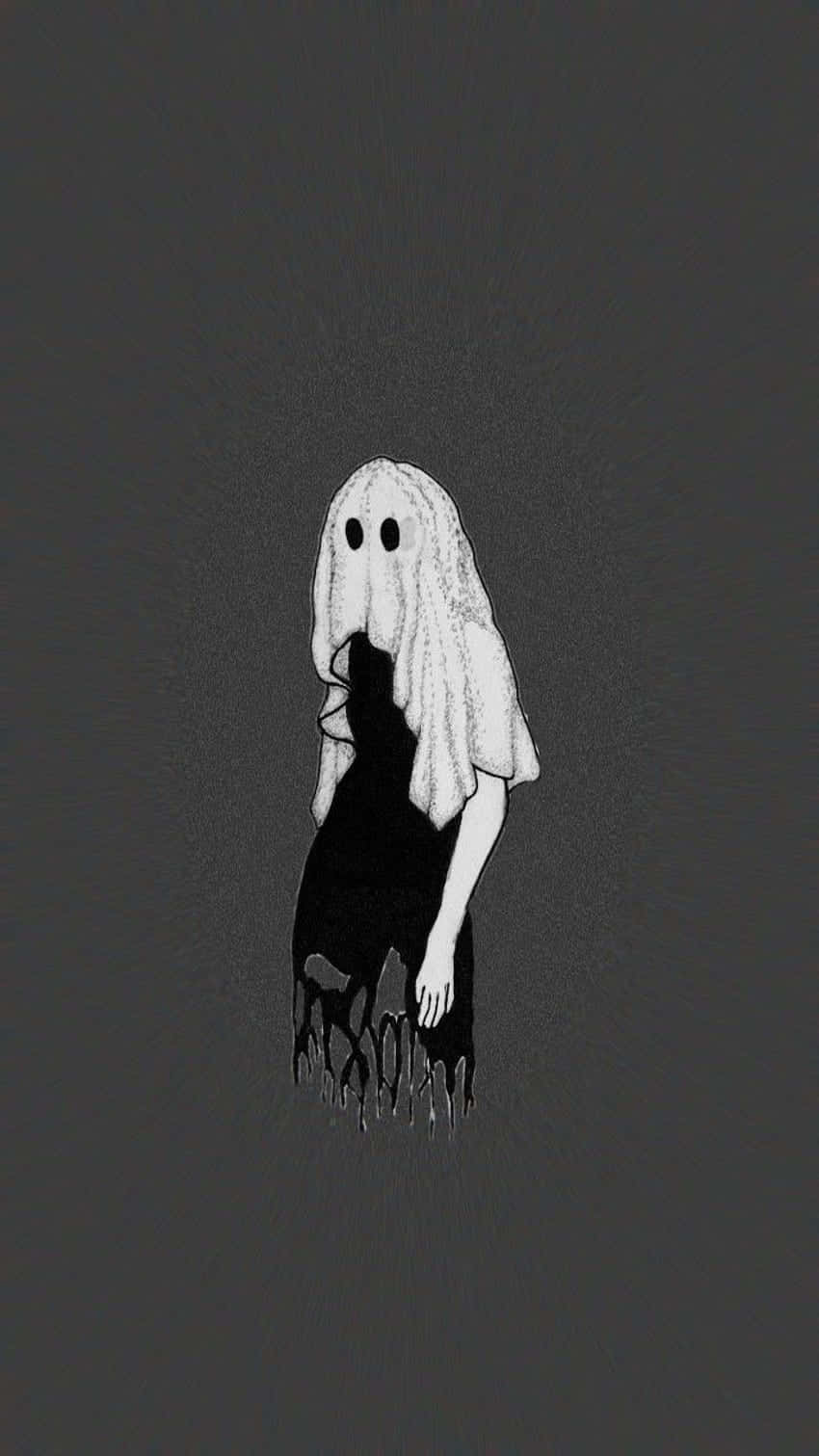 Aesthetic iPhone Horror 桌布 壁紙 — 一個令人毛骨悚然的鬼影，頭上披著白色床單，黑色滴落的形態，站在深灰色背景前。