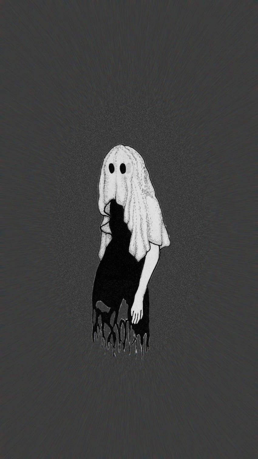 Grunge Emo Aesthetic 桌布 壁紙 — 一個令人毛骨悚然的鬼魂形象，頭上披著白色床單，黑色液體從其形態滴落，背景為深灰色。