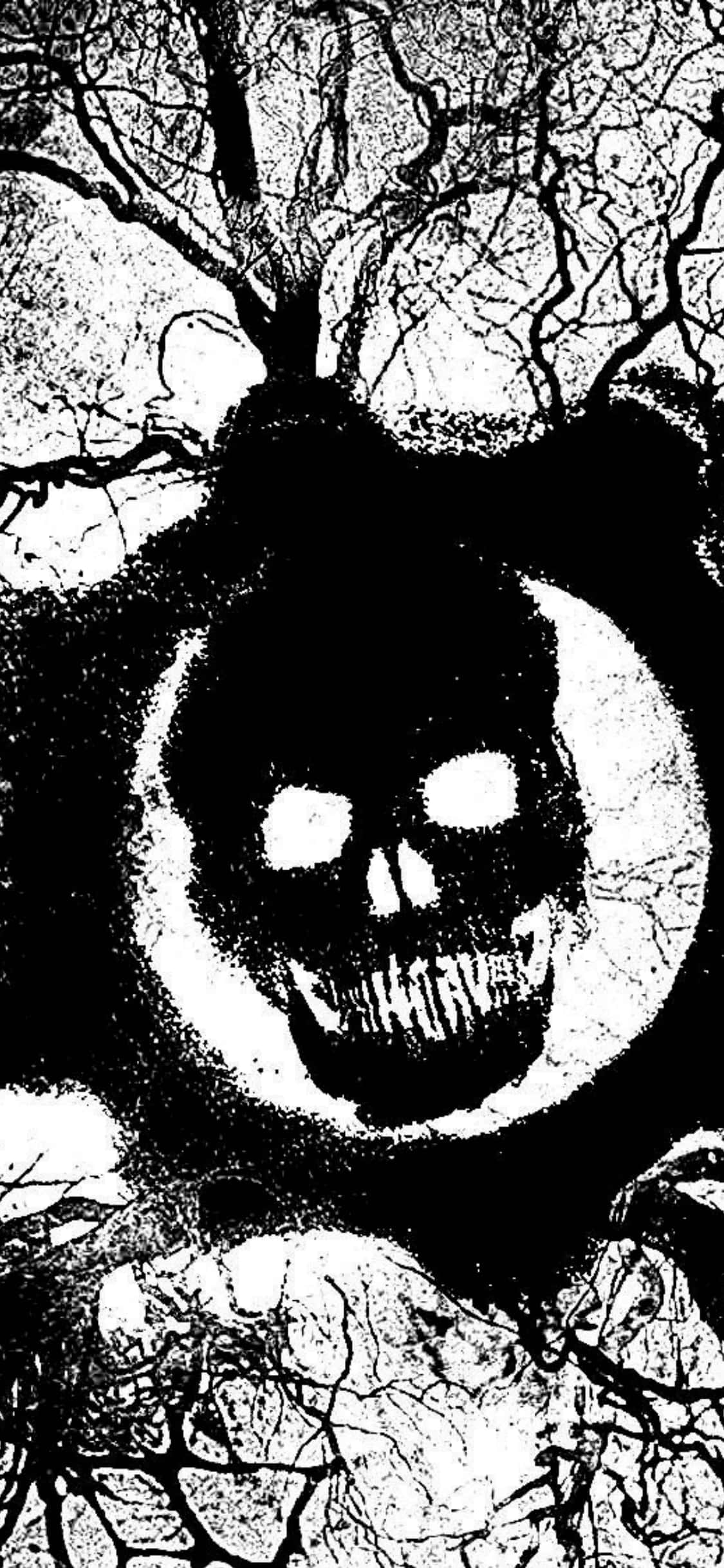 iPhone X Gears Of War 5 桌布 壁紙 — 一個令人毛骨悚然的黑白插圖，描繪了一個發光的眼睛被扭曲的樹枝框住的頭骨。