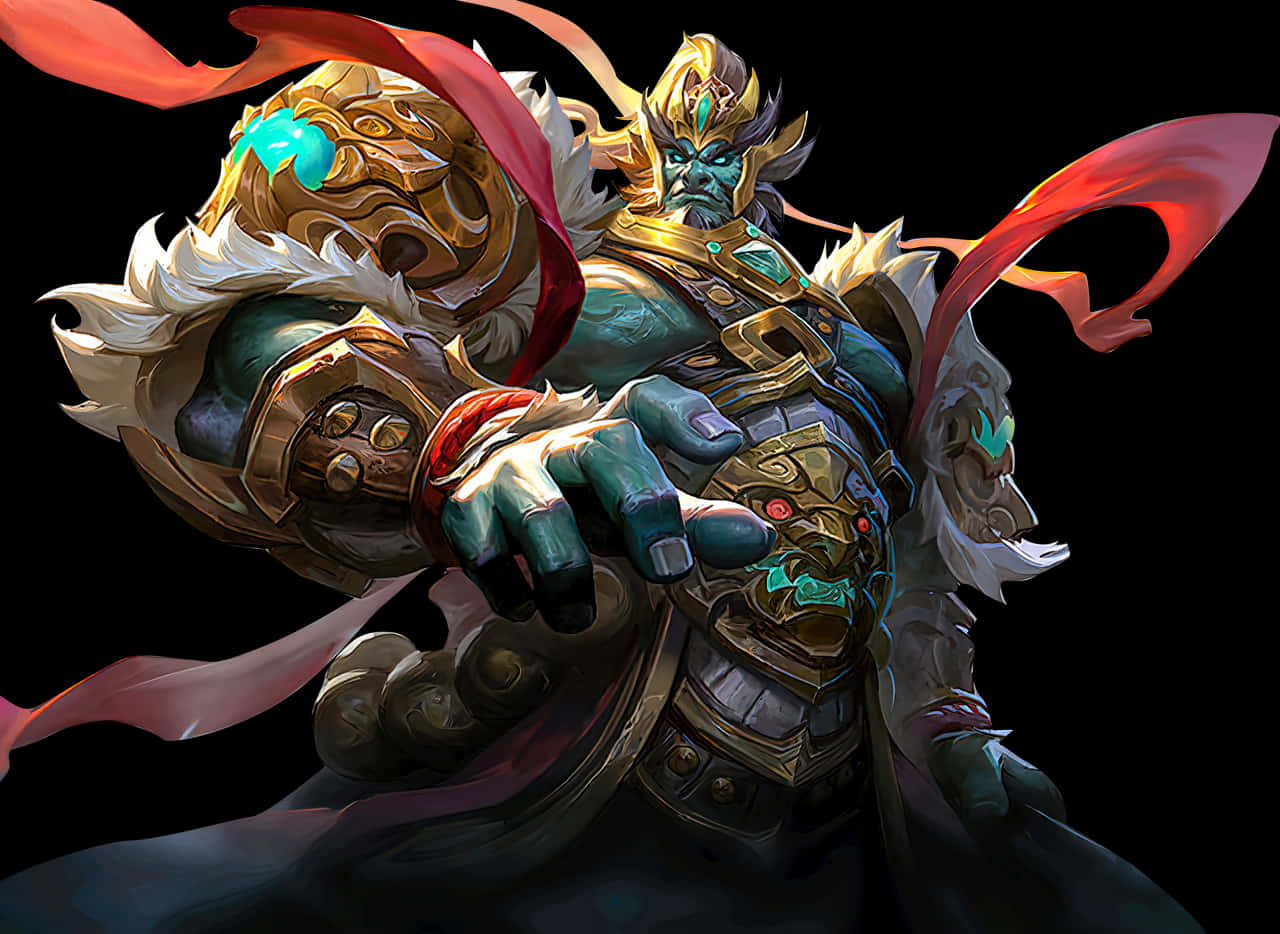 遊戲 桌布 壁紙 — 一個令人生畏的綠色皮膚戰士，身穿華麗金色盔甲，披著飄逸的紅色斗篷，站在黑色背景前。