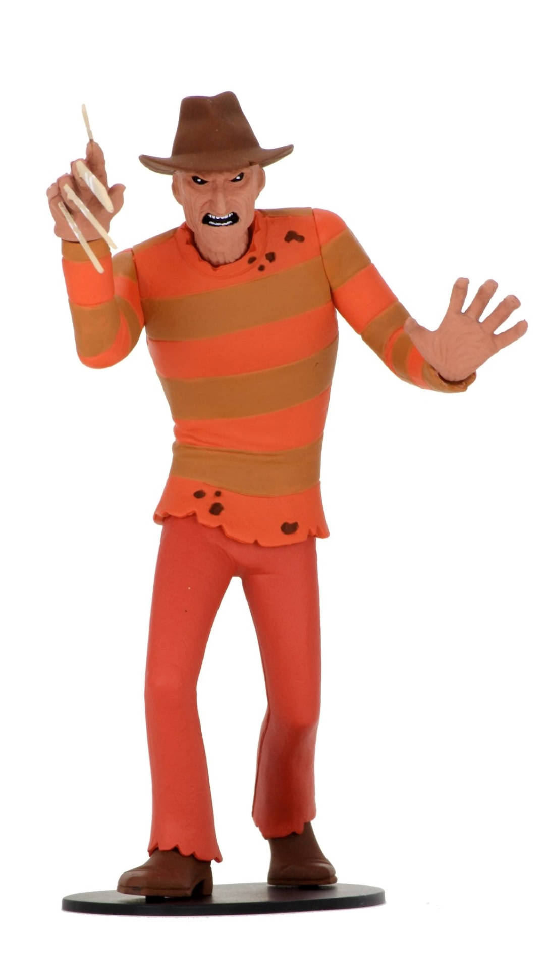 Freddy 桌布 壁紙 — 一個令人畏懼的 Freddy Krueger 人偶，身穿標誌性條紋毛衣和帽子，手持刀片。