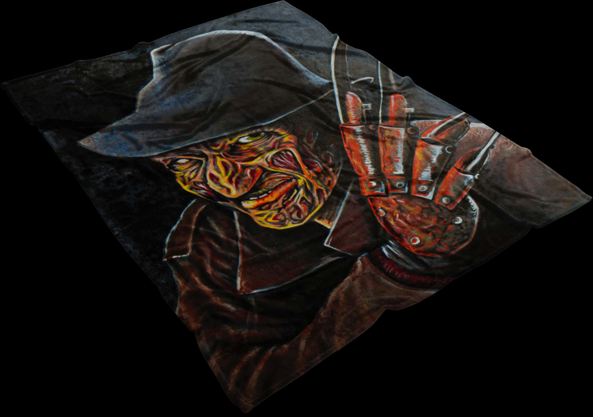 佛莱迪·克鲁格 桌布 壁紙 — 一個令人畏懼的 Freddy Krueger 插圖，繪於皺巴巴的深色毯子上，帶有發光的眼睛和刀片手套。