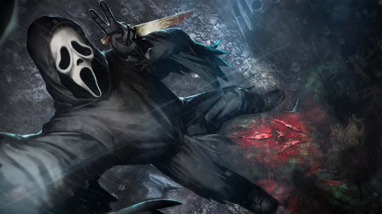 Dead By Daylight 桌布 壁紙 — 一個令人畏懼的Ghostface殺手在黑暗潮濕的後巷中手持血淋淋的刀，附近有一個被斬首的頭顱。