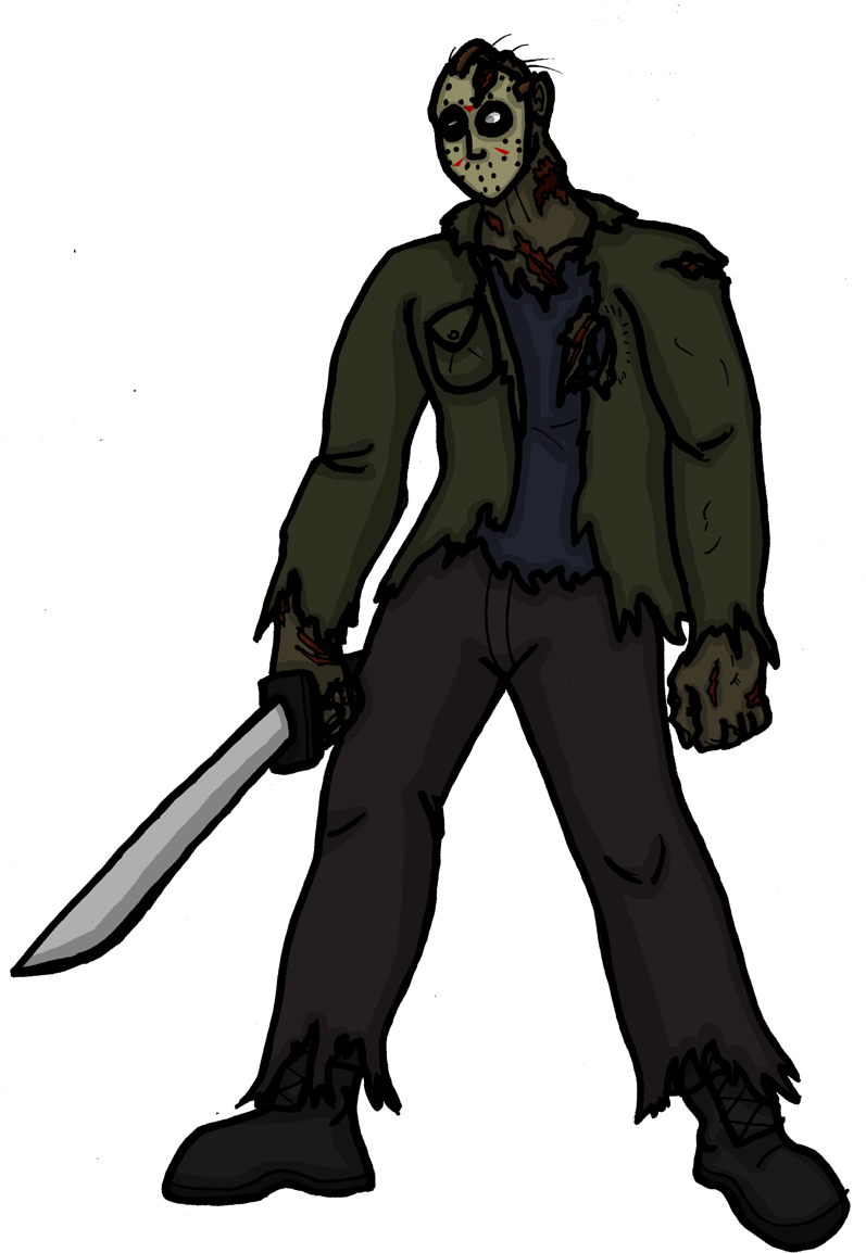 傑森·沃爾希斯 桌布 壁紙 — 一個令人畏懼的Jason Voorhees站在黑色背景前，手持砍刀，戴著血跡斑斑的曲棍球面具，穿著破爛的衣服。