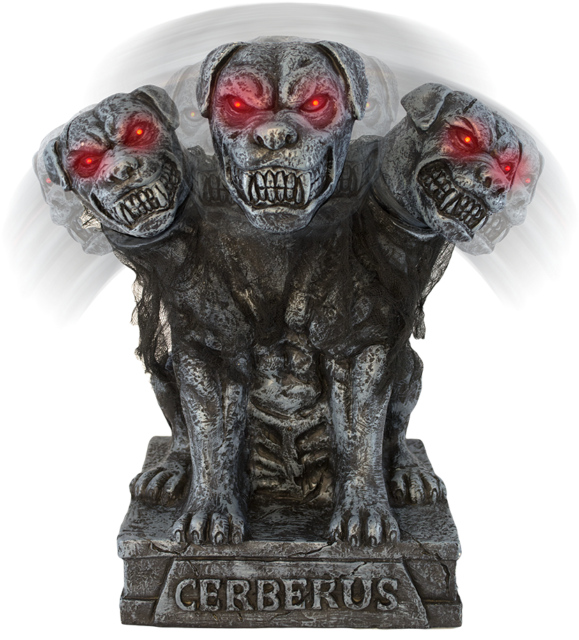 Toy 桌布 壁紙 — 一個令人畏懼的三頭狗雕像，帶有發光的紅眼睛和刻有 cerberus 的石頭底座。