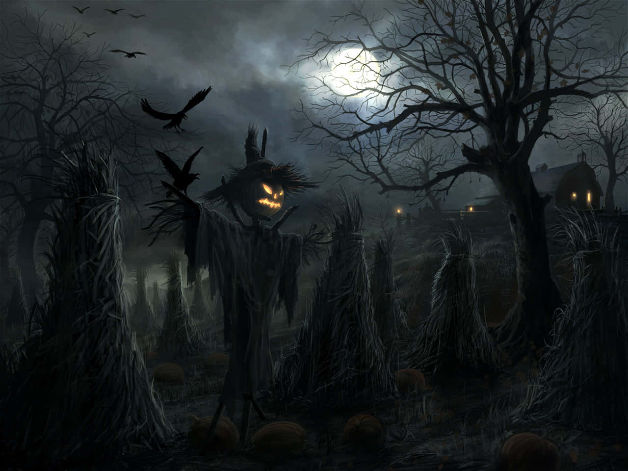 Halloween Profile 桌布 壁紙 — 一個令人畏懼的傑克南瓜燈稻草人站在霧氣瀰漫的月光田野中，周圍是光禿禿的樹木和飛翔的烏鴉。