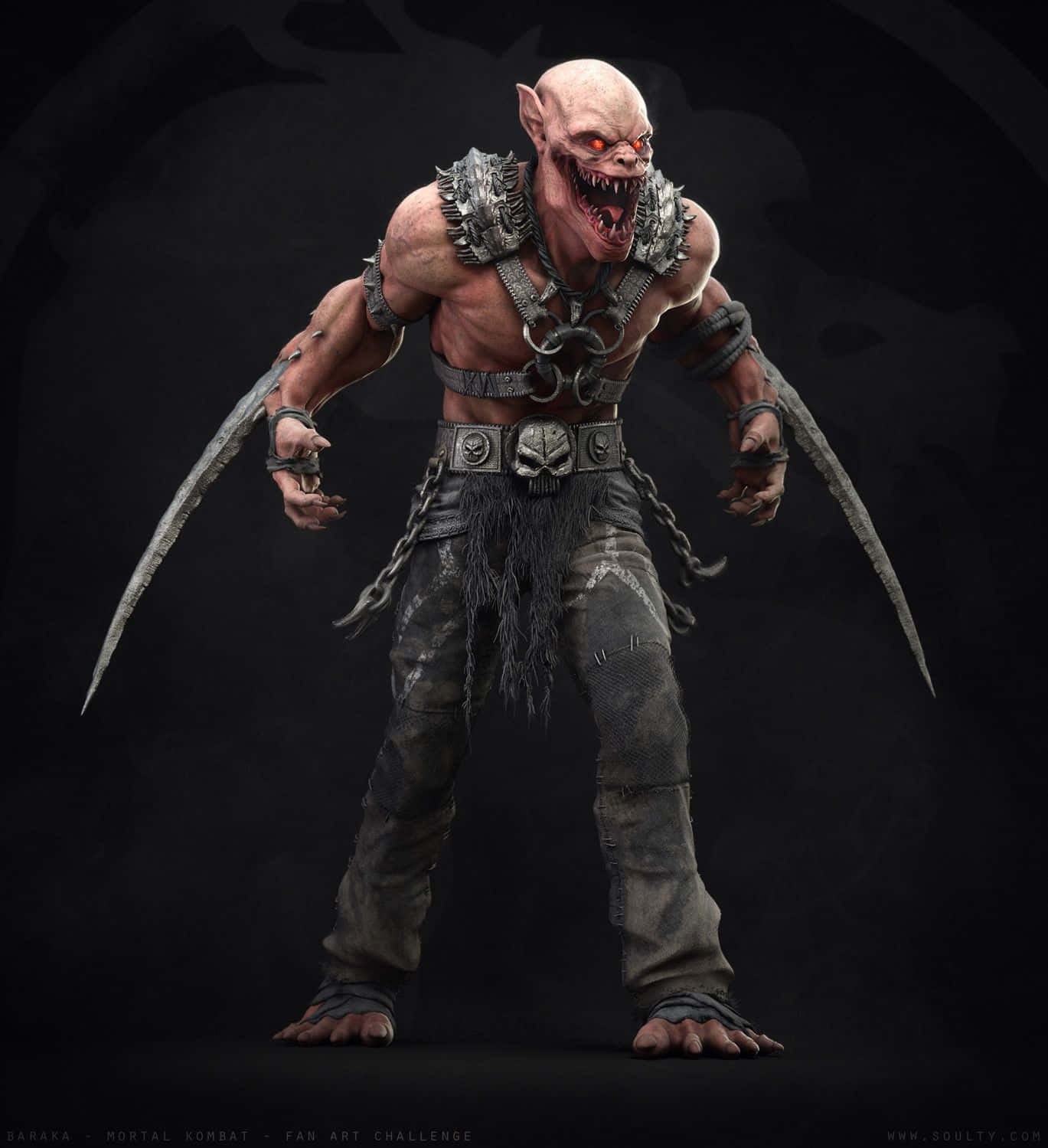 Mortal Kombat Baraka 桌布 壁紙 — 一個令人畏懼的光頭戰士，擁有發光的紅色眼睛和尖刺盔甲，在黑暗背景中揮舞著彎曲的刀刃。