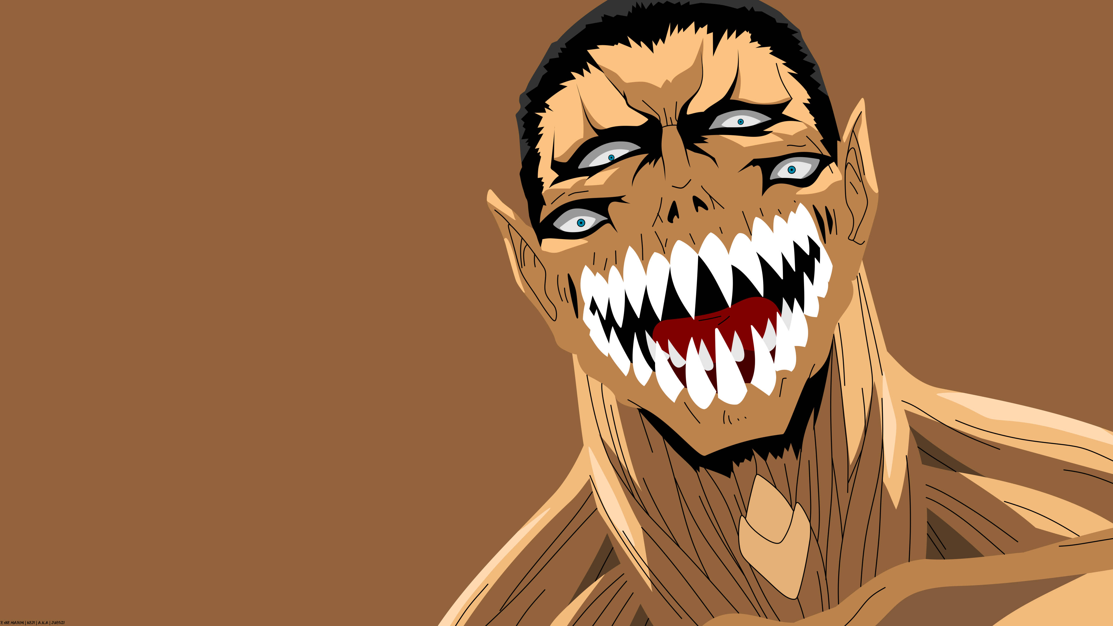 Parasyte 桌布 壁紙 — 一個令人畏懼的動漫巨人，擁有六隻發光的眼睛和鋒利的牙齒，在純棕色背景上咧嘴而笑。