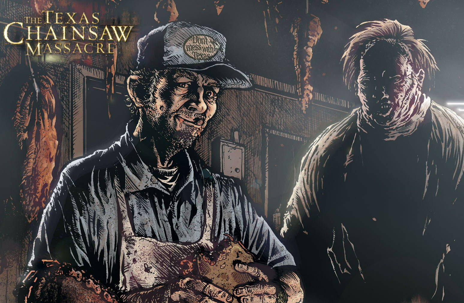Leatherface 桌布 壁紙 — 一個令人畏懼的插圖恐怖場景，Leatherface 手持電鋸，身後有一個殭屍，身處血跡斑斑的屠宰場。