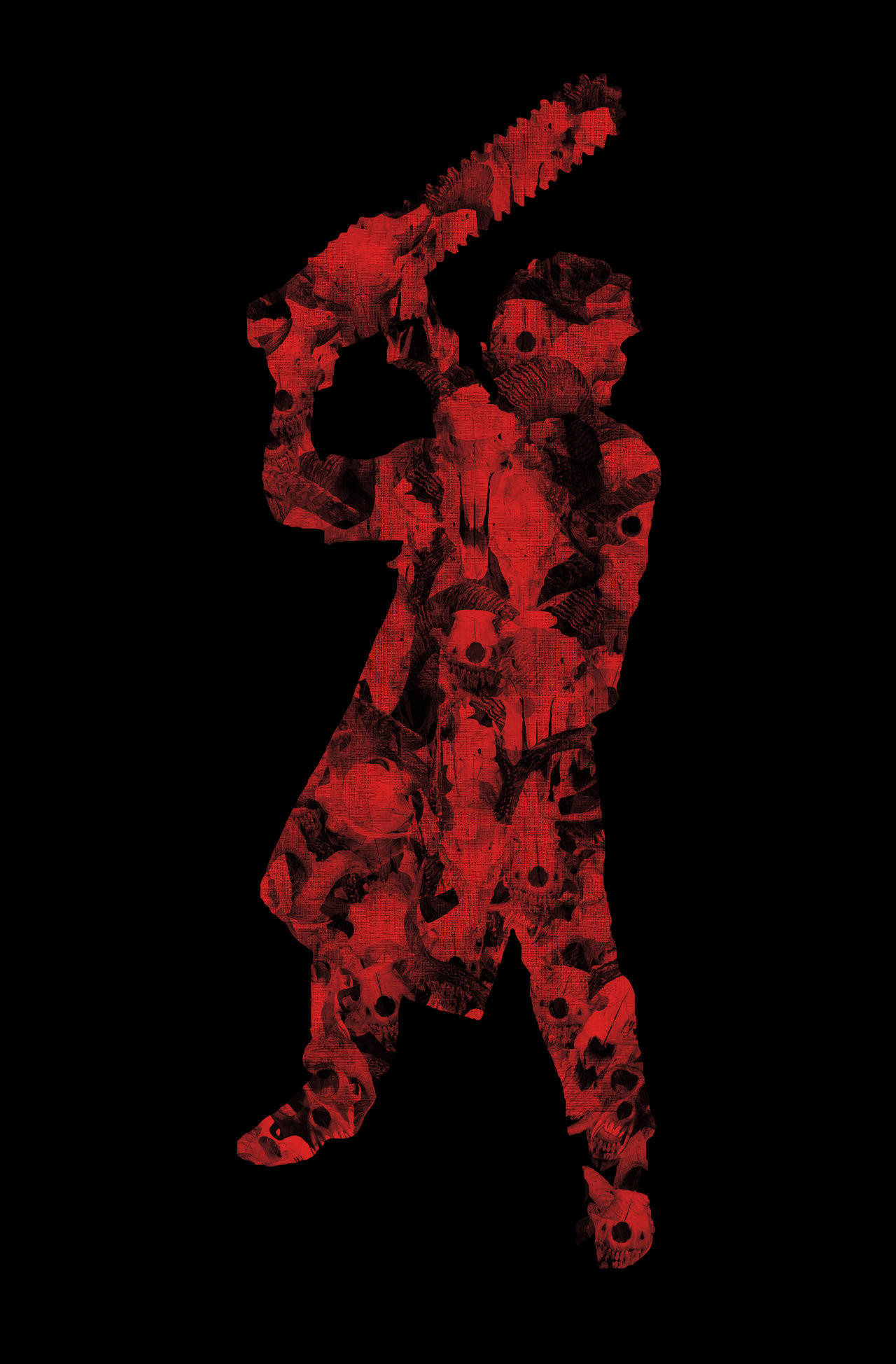 Leatherface 桌布 壁紙 — 一個令人畏懼的紅色剪影，描繪一個揮舞著電鋸、充滿骷髏的人物，背景為黑色。