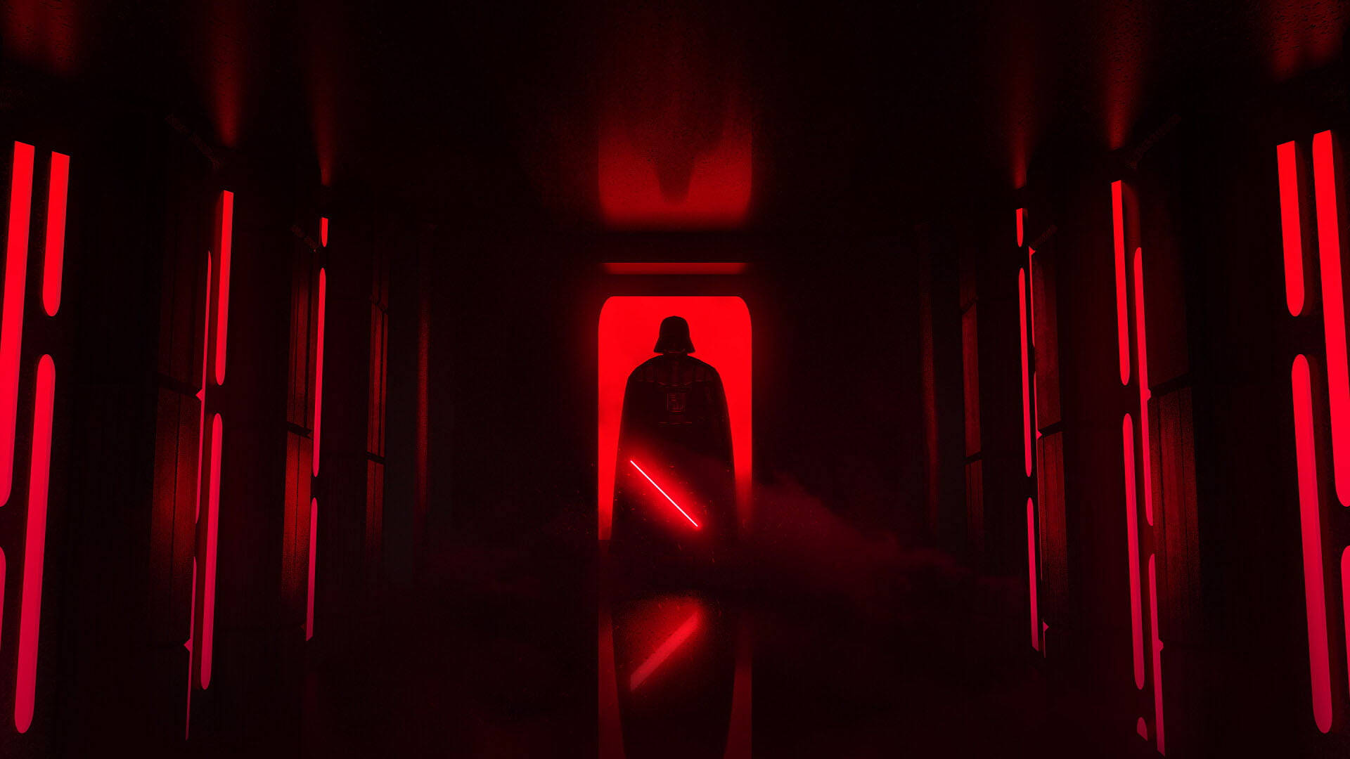 Star Wars Red 桌布 壁紙 — 一個令人畏懼的黑武士剪影，站在由發光紅燈照亮的黑暗走廊盡頭。