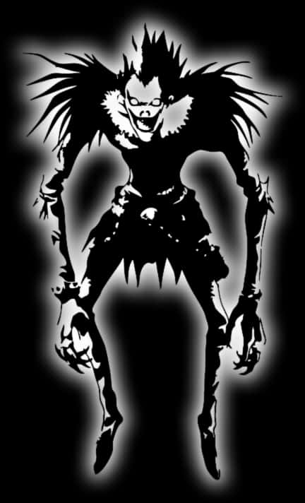 Death Note Ryuk 桌布 壁紙 — 一個令人畏懼的黑白剪影，描繪一個頭髮尖刺、眼睛發光、手爪鋒利的死神，背景陰暗。